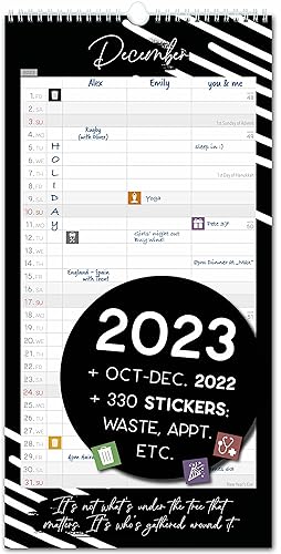 Couple planner 2023 3 columns, BLACK-WHITE planner for two 2023 and Oct-Dec 2022, partner calendar 16x32,5cm, calendar for couples 2022 2023, wall planner 2 persons, stickers: waste, holiday, birthday