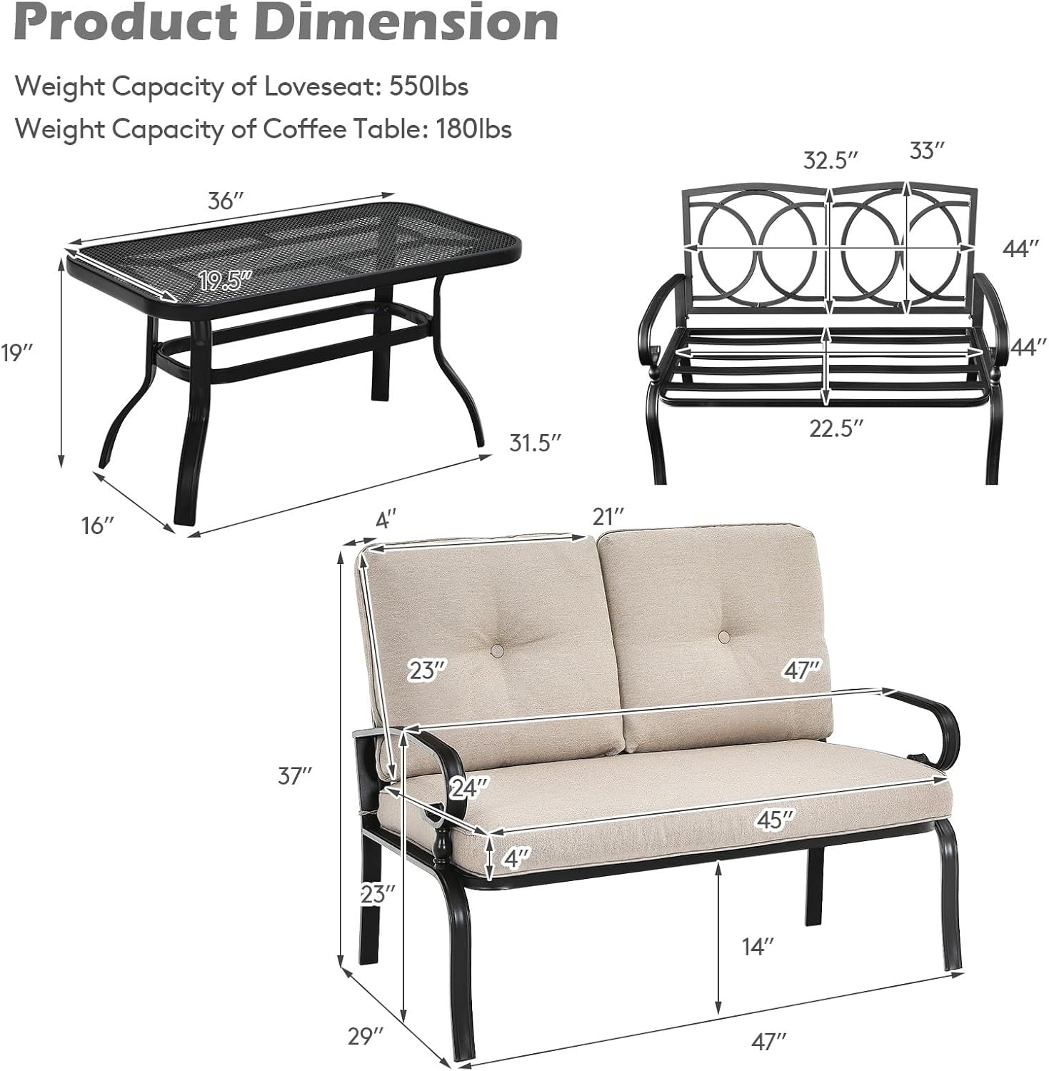 2PCS Patio Loveseat Bench Table Indoor Outdoor Furniture Set Cushioned Chair Beige