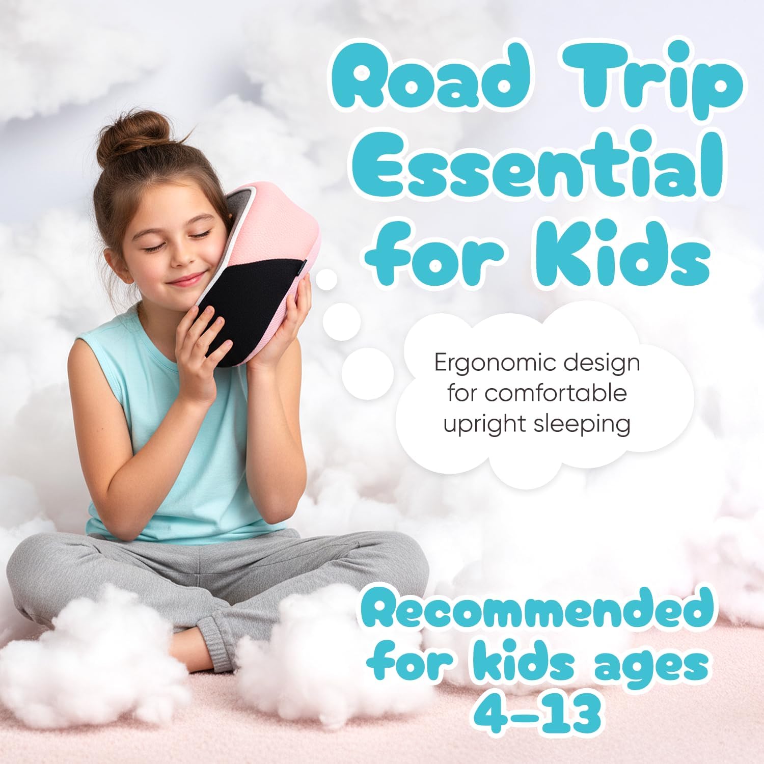 Proglobe Junior Kids Travel Neck Pillow - Ergonomic Memory Foam Pillow for Airplane, Car, Booster Seat - Soft, Washable, Compact Travel Pillow with Strap - Light Pink - Ages 4-13