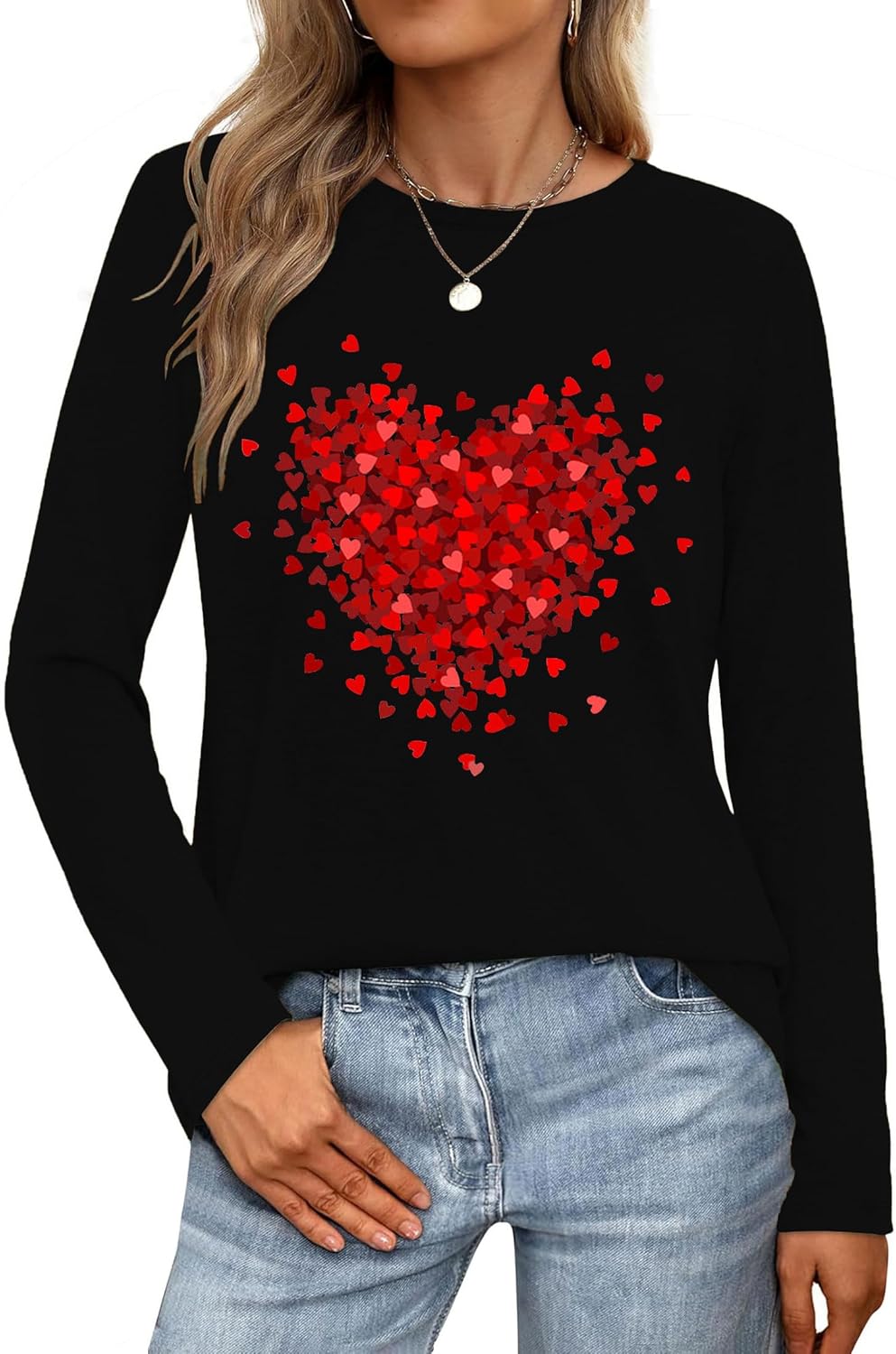 Valentines Long Sleeve Shirts for Women Valentine Love Heart Printed Tee Casual Tops