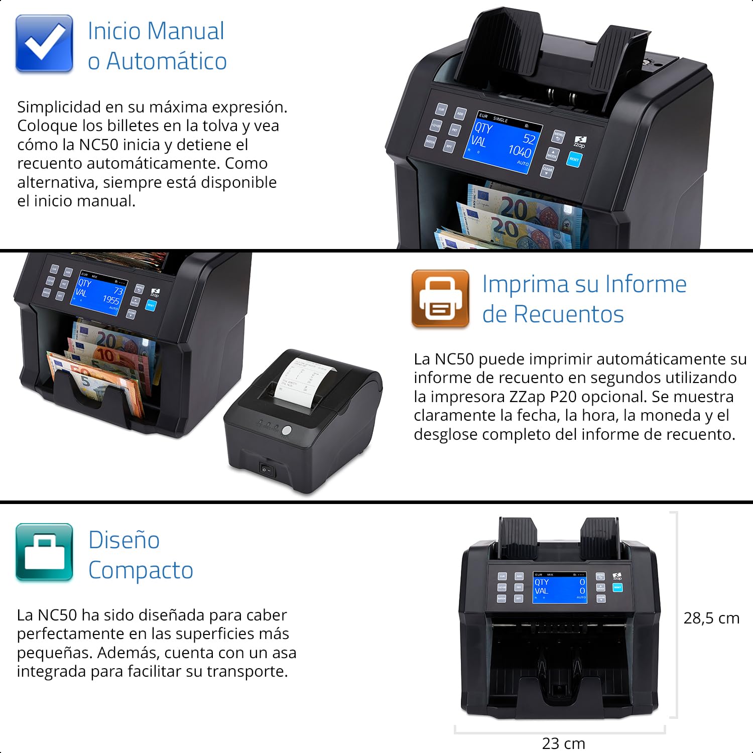 ZZap NC50 Contadora de Billetes y Detector de Falsificaciones - Contadora de Valor para Denominaciones Mixtas - Máquina de Efectivo