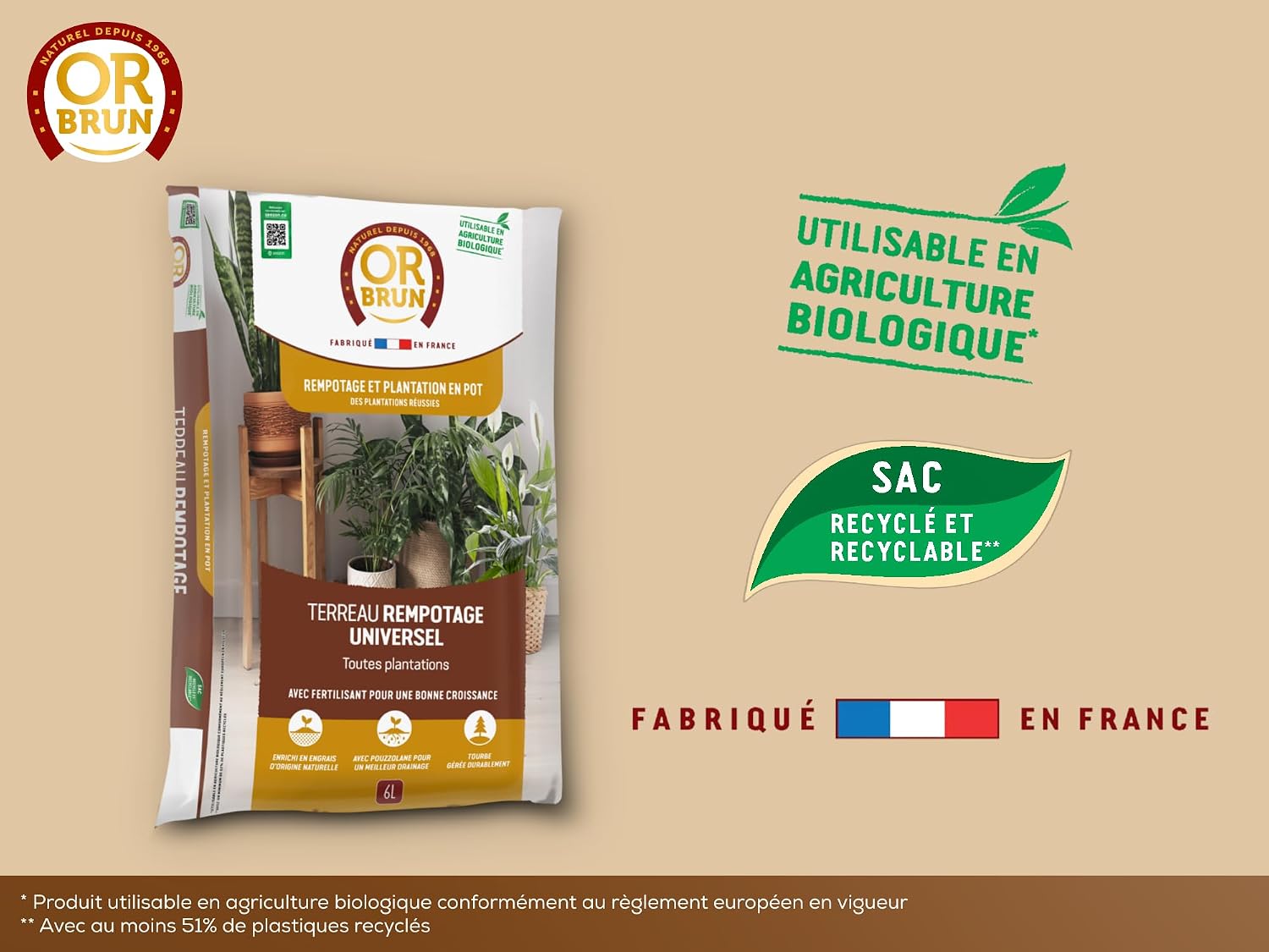 Or Brun Terreau Rempotage Universel - pour Toutes Les Plantes en Pots - 6L | Améliore la Croissance - Utilisable en Agriculture Biologique - OBRTREM6U — vue 4