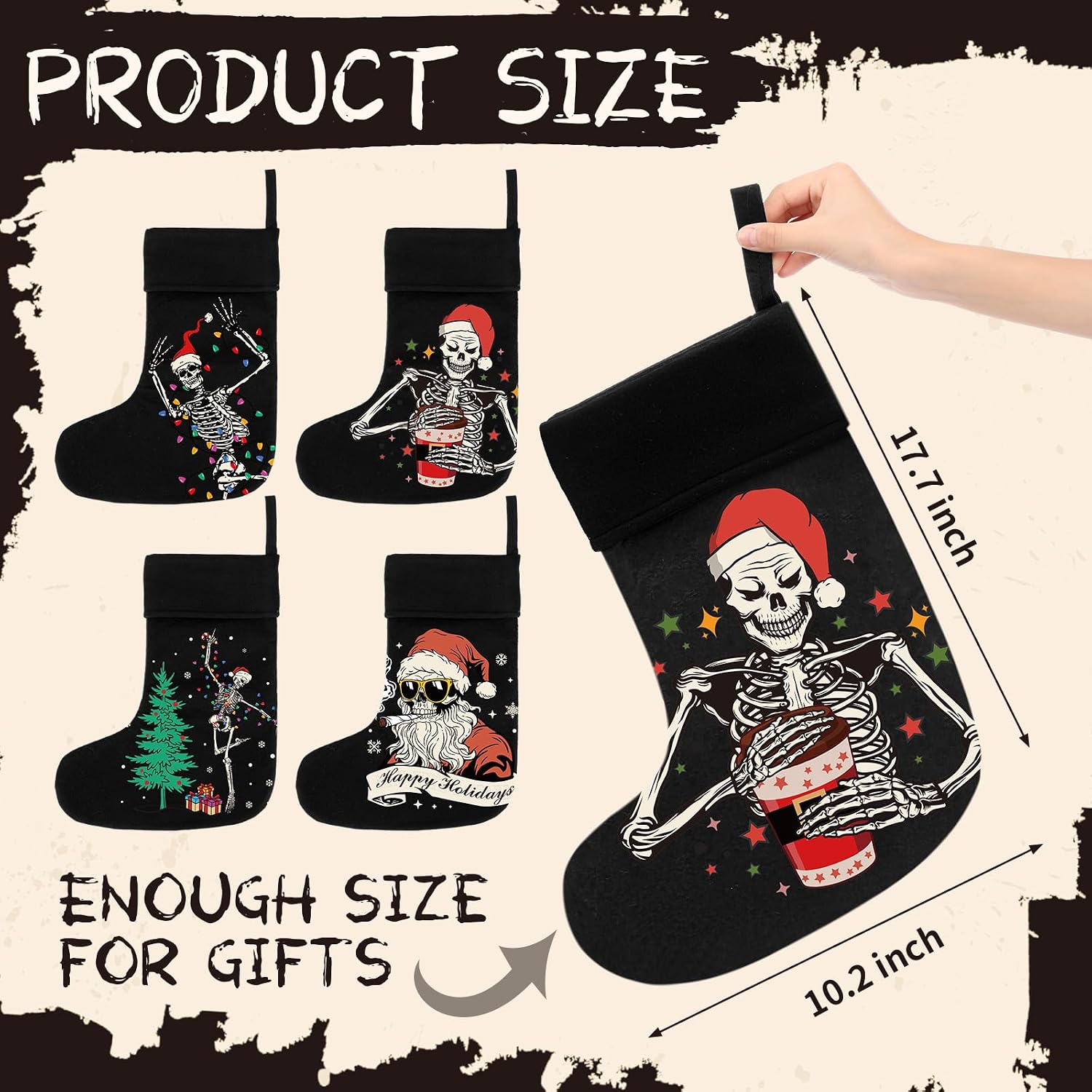 Kinlop 4 Pack Black Gothic Christmas Stocking 17.7 Inches Skeleton Christmas Stockings Goth Fireplace Hanging Decor Santa Gift Bag for Xmas Tree Party Holiday Decoration