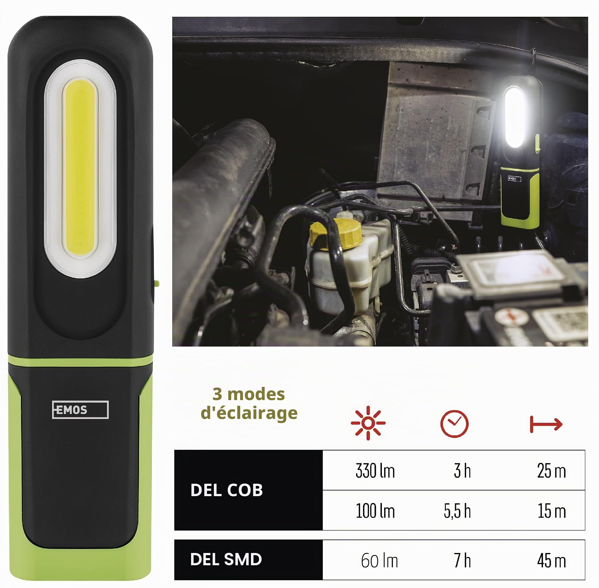 EMOS - Lampe de travail LED rechargeable - Base magnétique, crochet, réglable - Résistant aux chocs, étanche - 300 lm, max. 45 m - 3 modes d'éclairage - 7 heures - Câble USB - IP43 pour l'extérieur