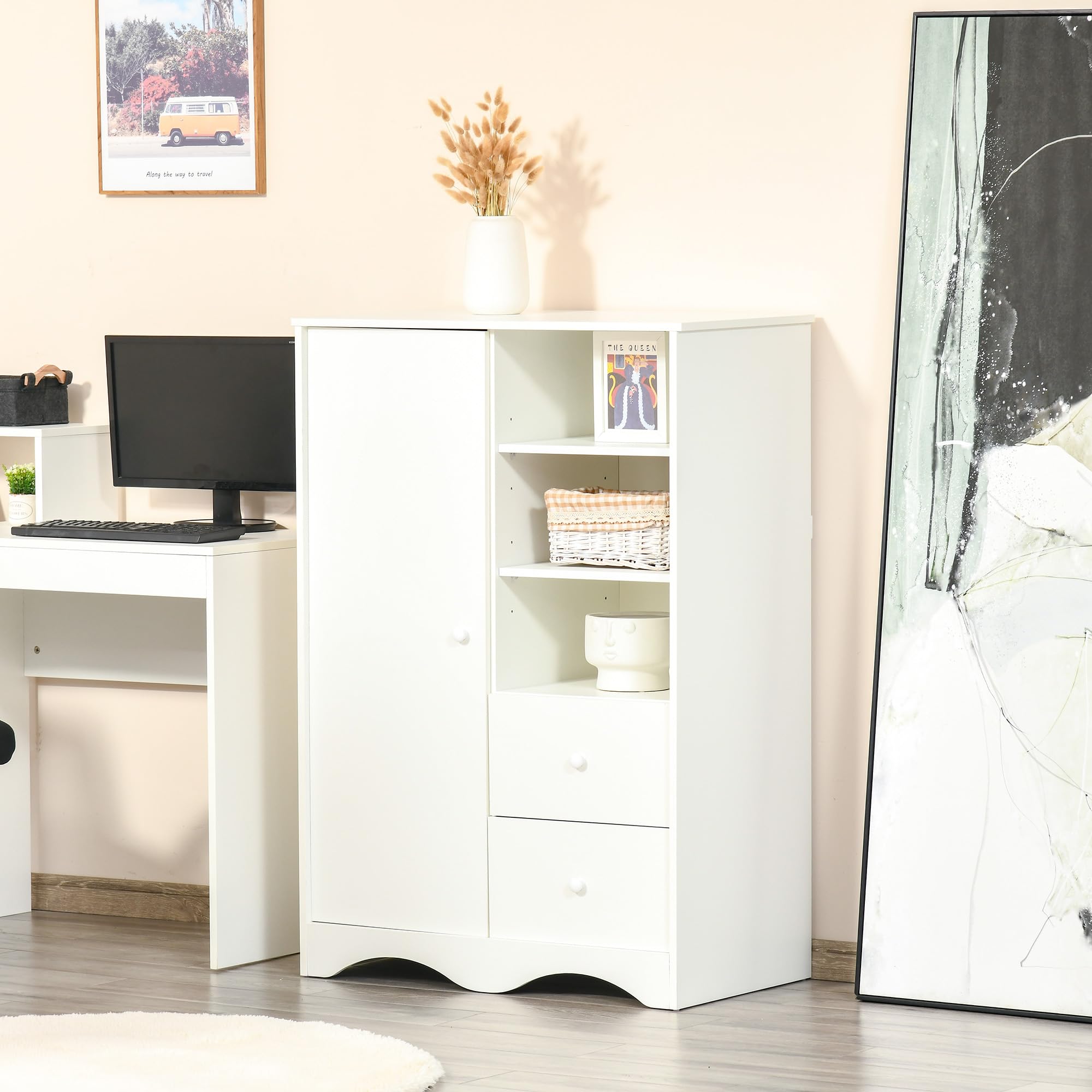 HOMCOM Armoire avec Porte 5 Étagères 3 Niches 2 Tiroirs Blanc, Chambre