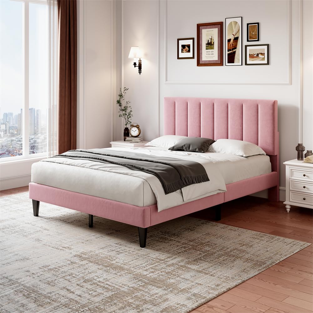 Velvet Upholstered Double Bed Frame with Adjustable Channel Tufted Headboard Solid Wood Slat Platform Bed No Box Spring Needed Pink