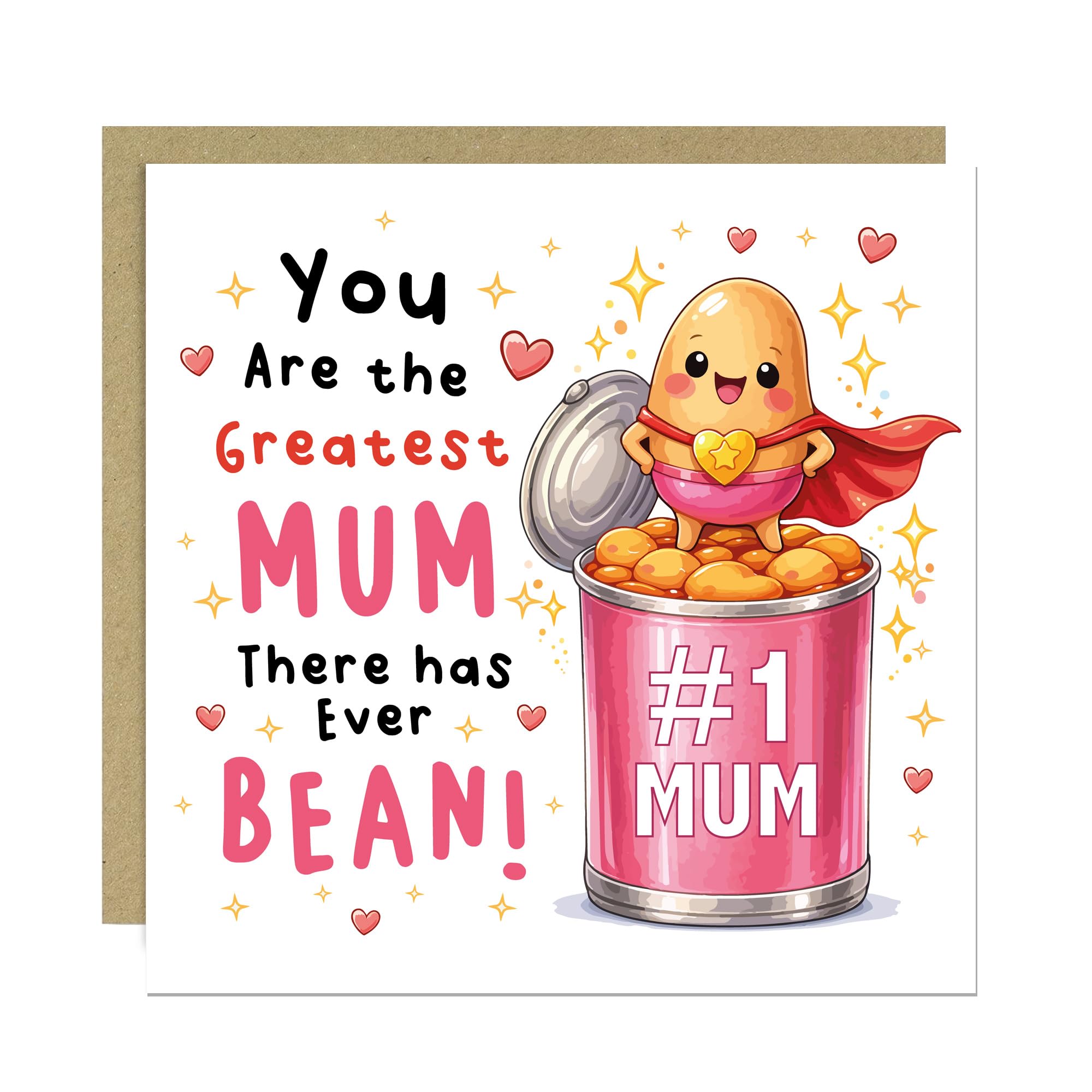 RED OCEAN Hilarious Mothers Day Card, Greatest Mum Ever BEAN, Birthday Cards For Mum, Humorous Card For Birthday, From Daughter Son, 14.5x14.5cm With Kraft Envelope