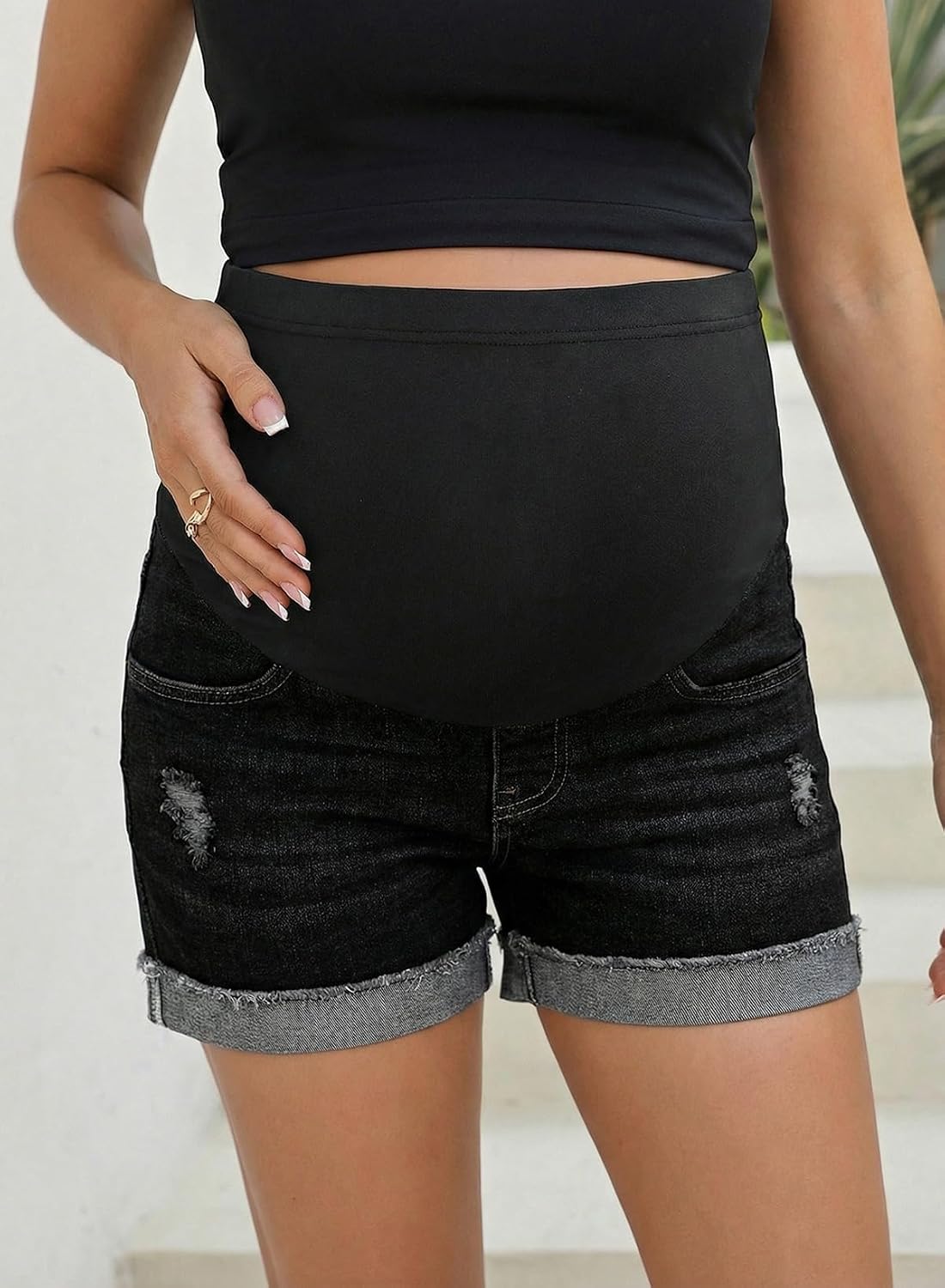 BLENCOT Women's Maternity Jean Shorts Stretchy Comfy Over Belly Ripped Casual Summer Pregnancy Clothes with Pockets