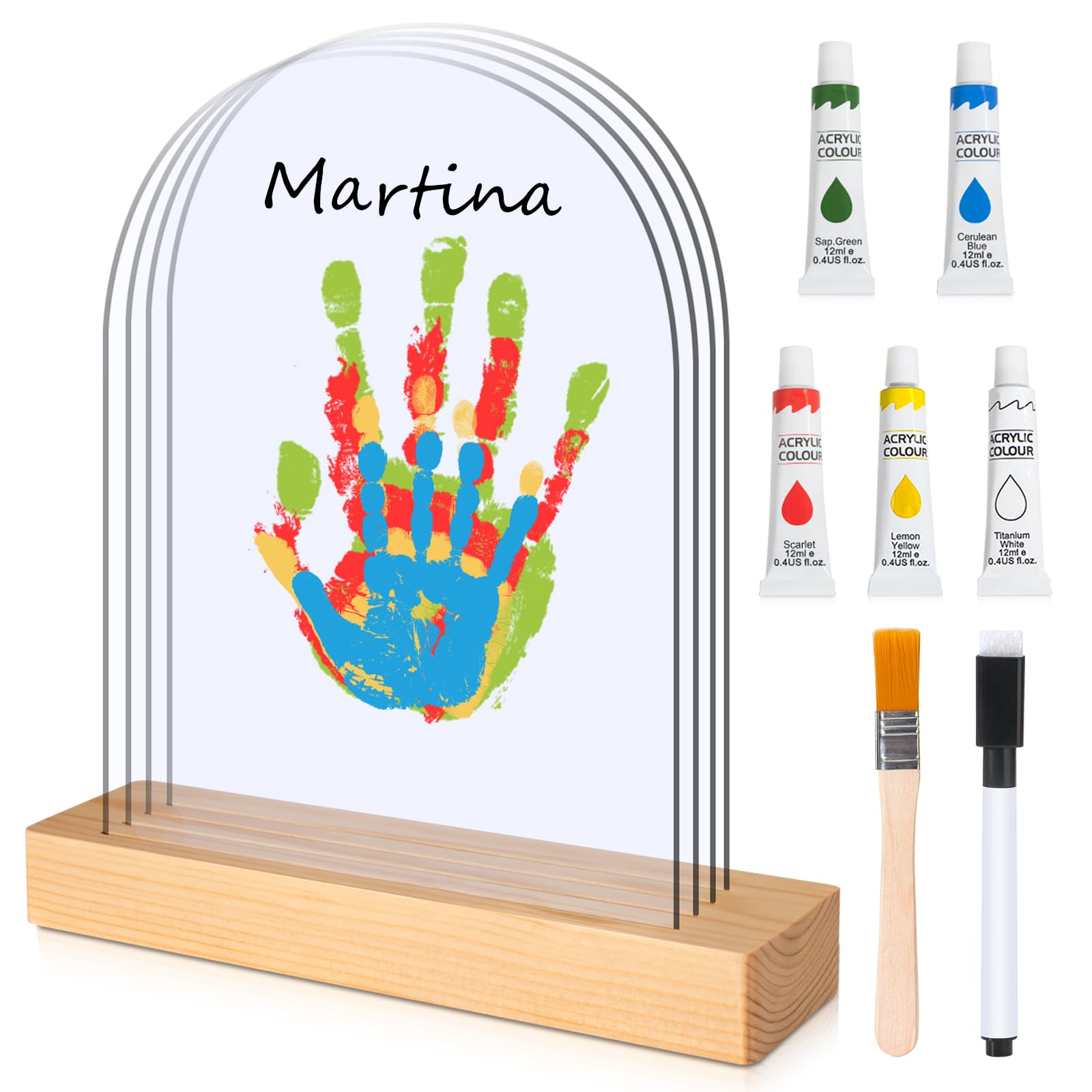 Kit Impronte Mani Famiglia 4 Pannelli In Plexiglas In 5 Colori Base In Legno, Impronta Mani e Piedi Neonati Ideale per Regalo Neonato, Regalo Battesimo, Nuovi Genitori
