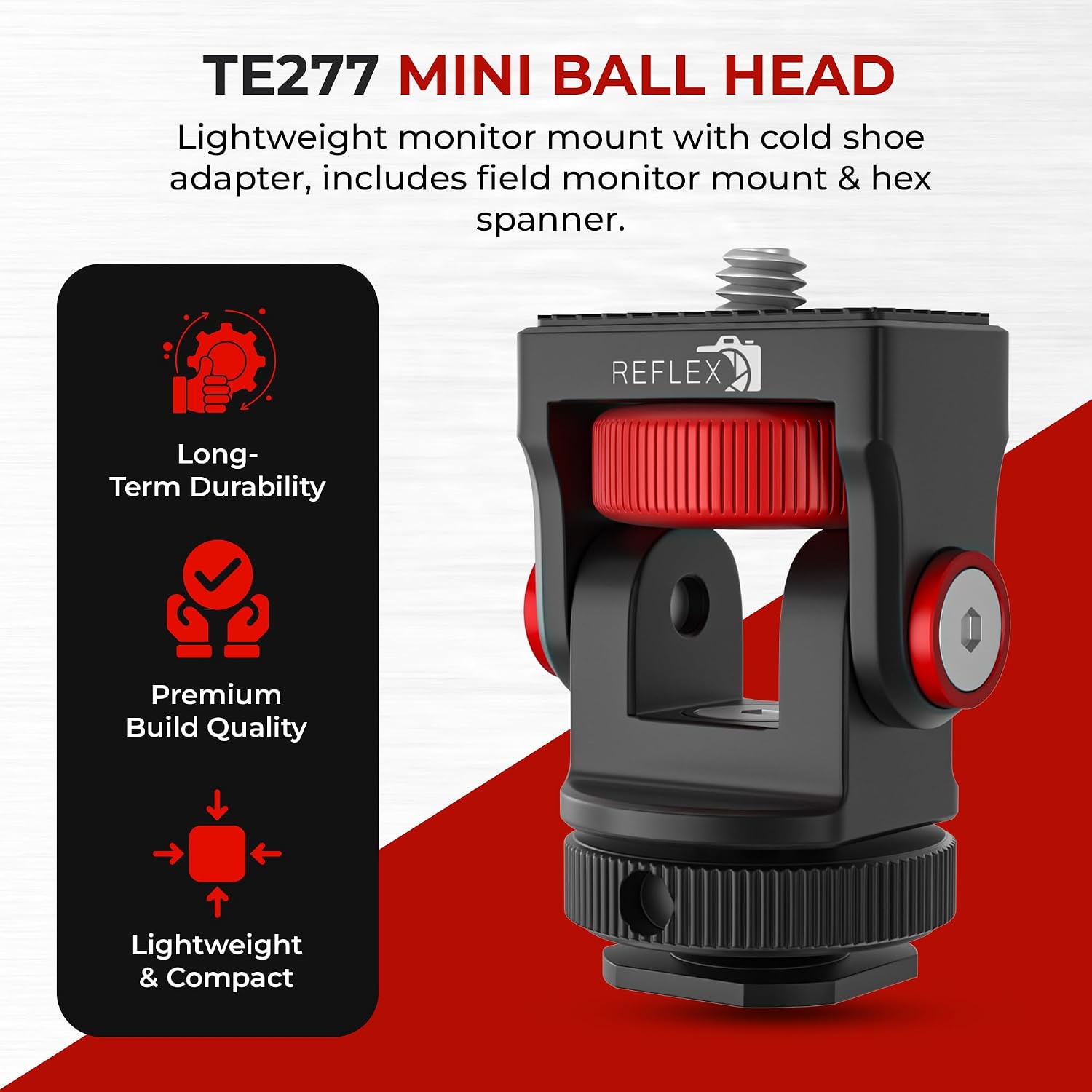 REFLEX CAMERA 360° Rotation Aluminum Mini Ball Head – Durable Aluminum, 1kg Load, Cold Shoe Mount, 1/4” Screw, Compact & Lightweight. Perfect for Cameras, Phones, Monitors, and LED Lights