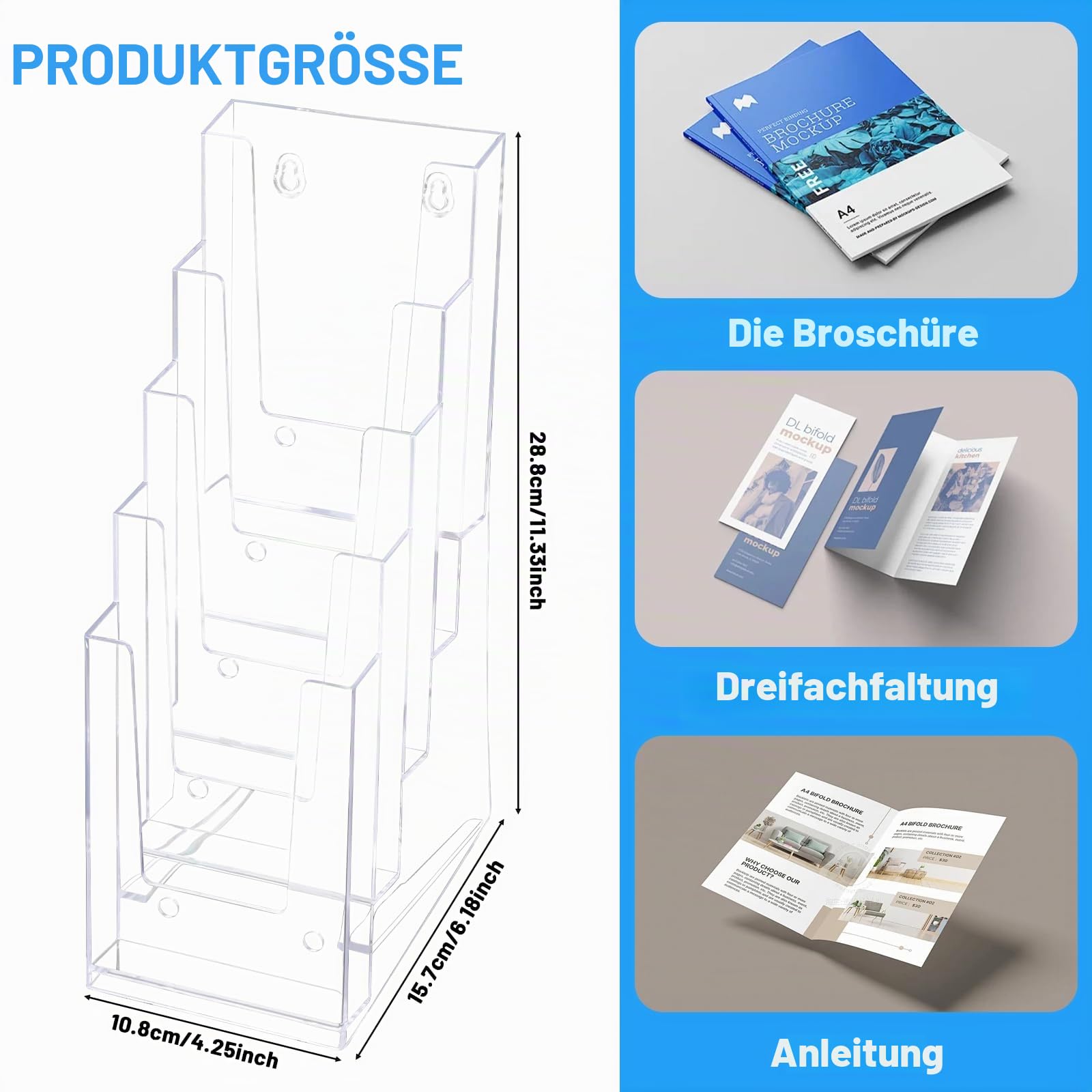 GAESHOW 2 Stück Prospekthalter mit 5 Fächern, Acryl Prospektständer, 4 x 9 in Tisch-Prospektständer, Transparent Wandprospekthalter für Büro, Empfang, Menü, Flyer