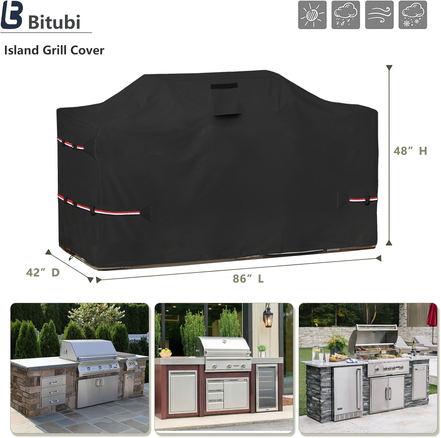 Bitubi 86 Inch Island Grill Cover - 600D Heavy Duty Waterproof All Weather Protection Extra Large Grill Cover,Black