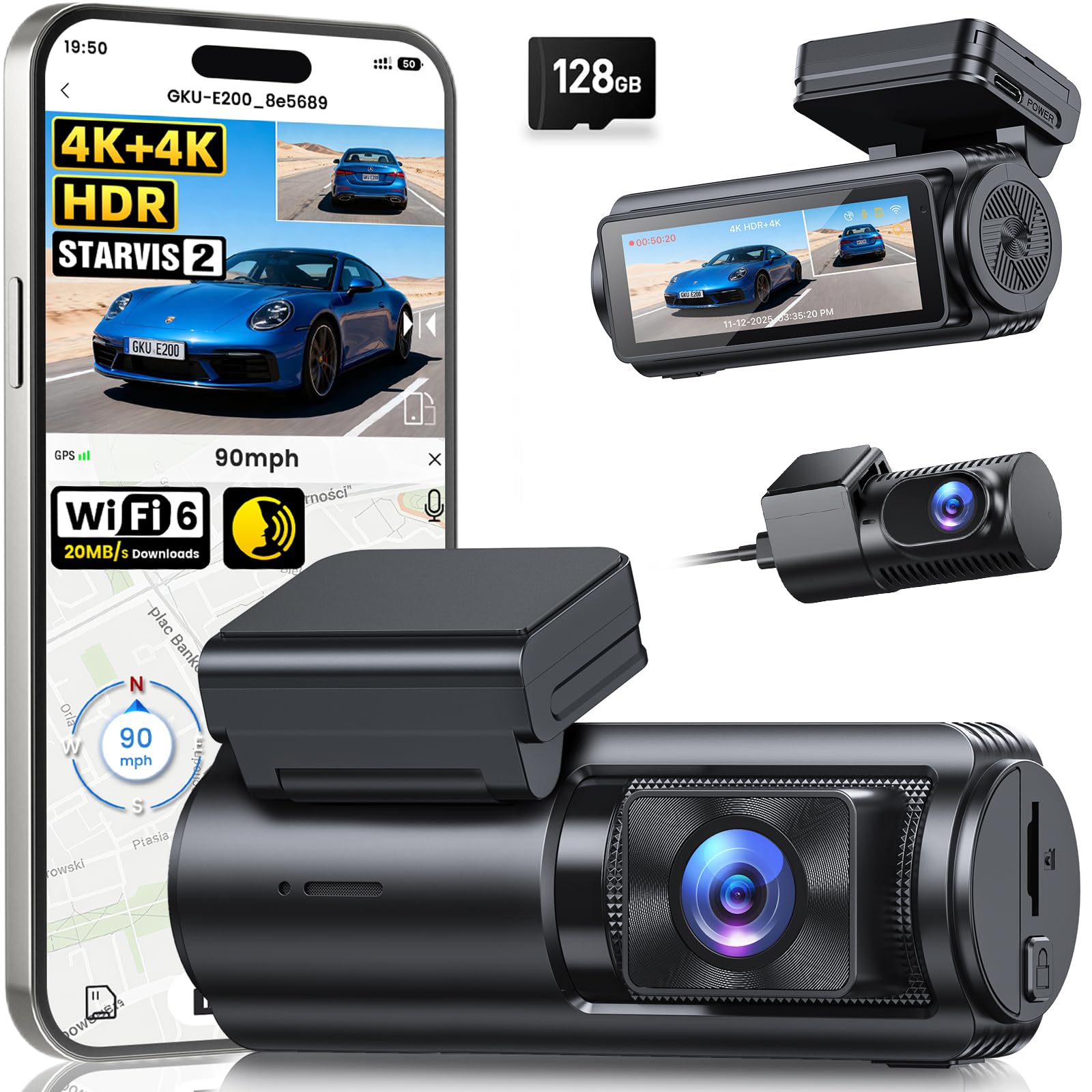 GKU 4K+4K Dash Cam Front and Rear, Starvis 2 Sensor, 5.8GHz WiFi 6 DashCam | 128GB SD Card Included, Car Camera Dash Cam with GPS, Voice Control, Night Vision, 24H Parking Mode,G-Sensor,Loop Recording