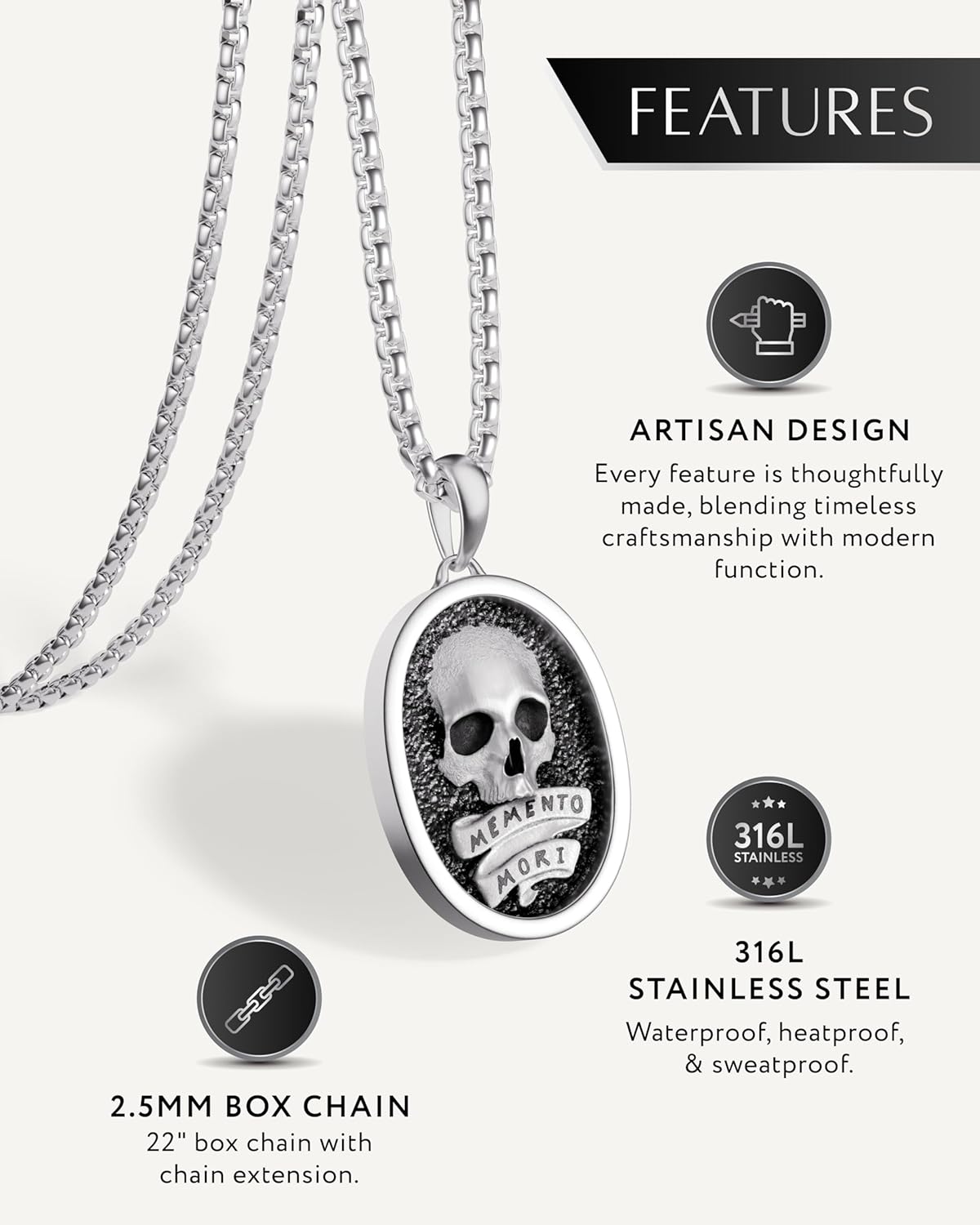 RTZN® Pendant Necklace for Men – Premium Stainless Steel Silver Pendant Necklace with 22" Chain + 2" Extension – Waterproof & Non-Tarnish Small Pendants for Men – Bold Symbols of Strength & Legacy - Image 3