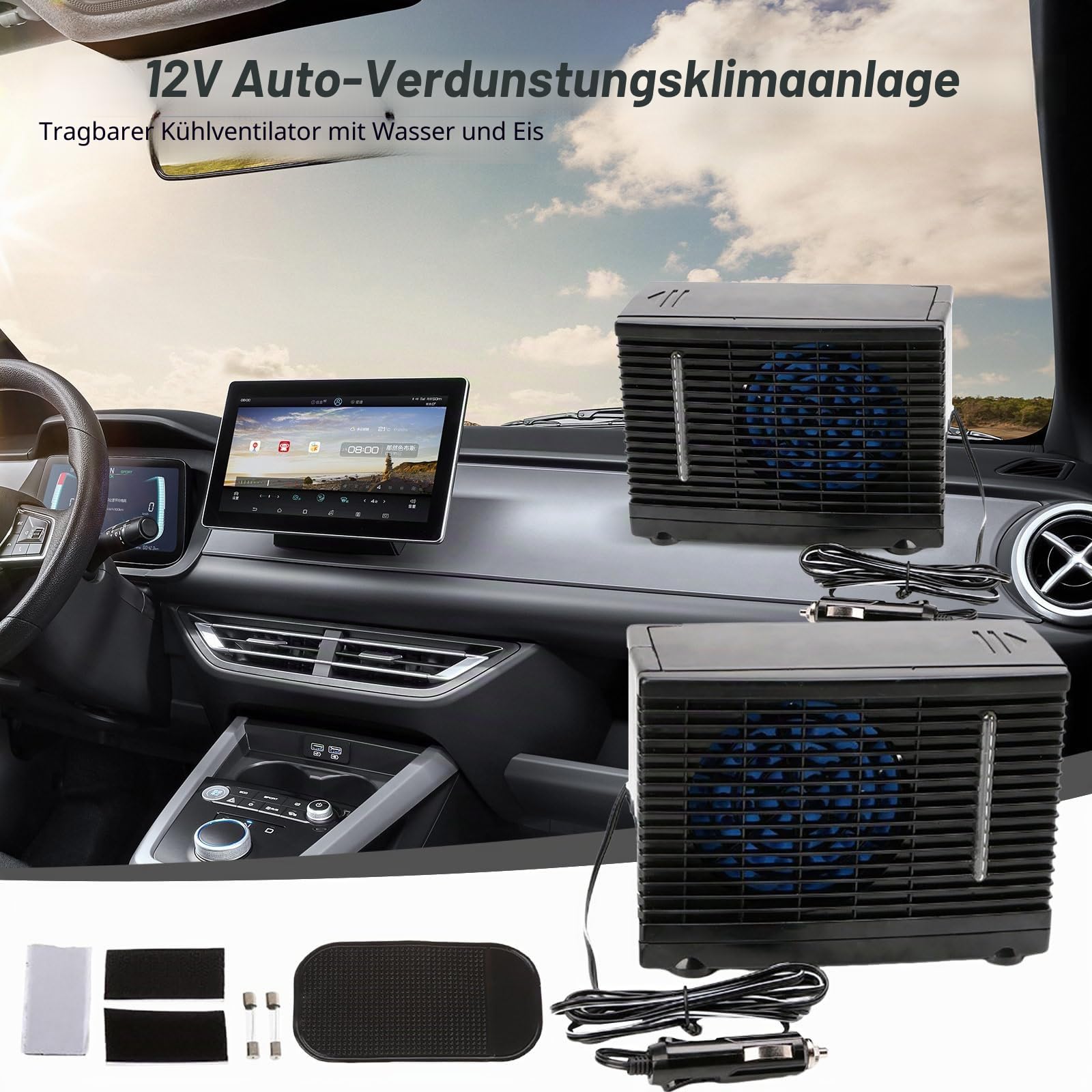 12 V Auto-Klimagerät, tragbar, Autoventilator mit Kaltwassertank, Luftkühler für Büros, Schlafzimmer, Häuser und Autos, Camper, Reisende (A)