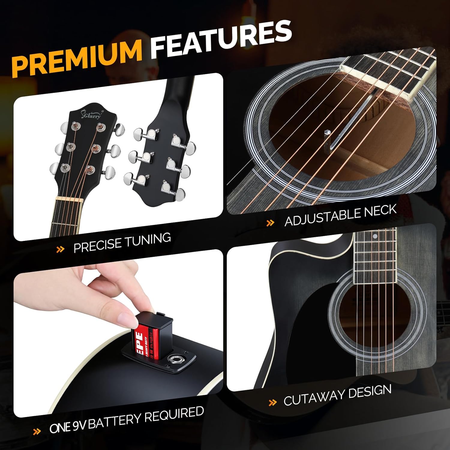 GLARRY 41in Full Size 6 Strings Acoustic Electric Guitar Beginner Kit w/ 15W Amp, Cutaway Design Electric Acoustic Guitar with Bag, Strap, Picks, Strings, Basswood Guitarra (Left Hand-Black, 41in)