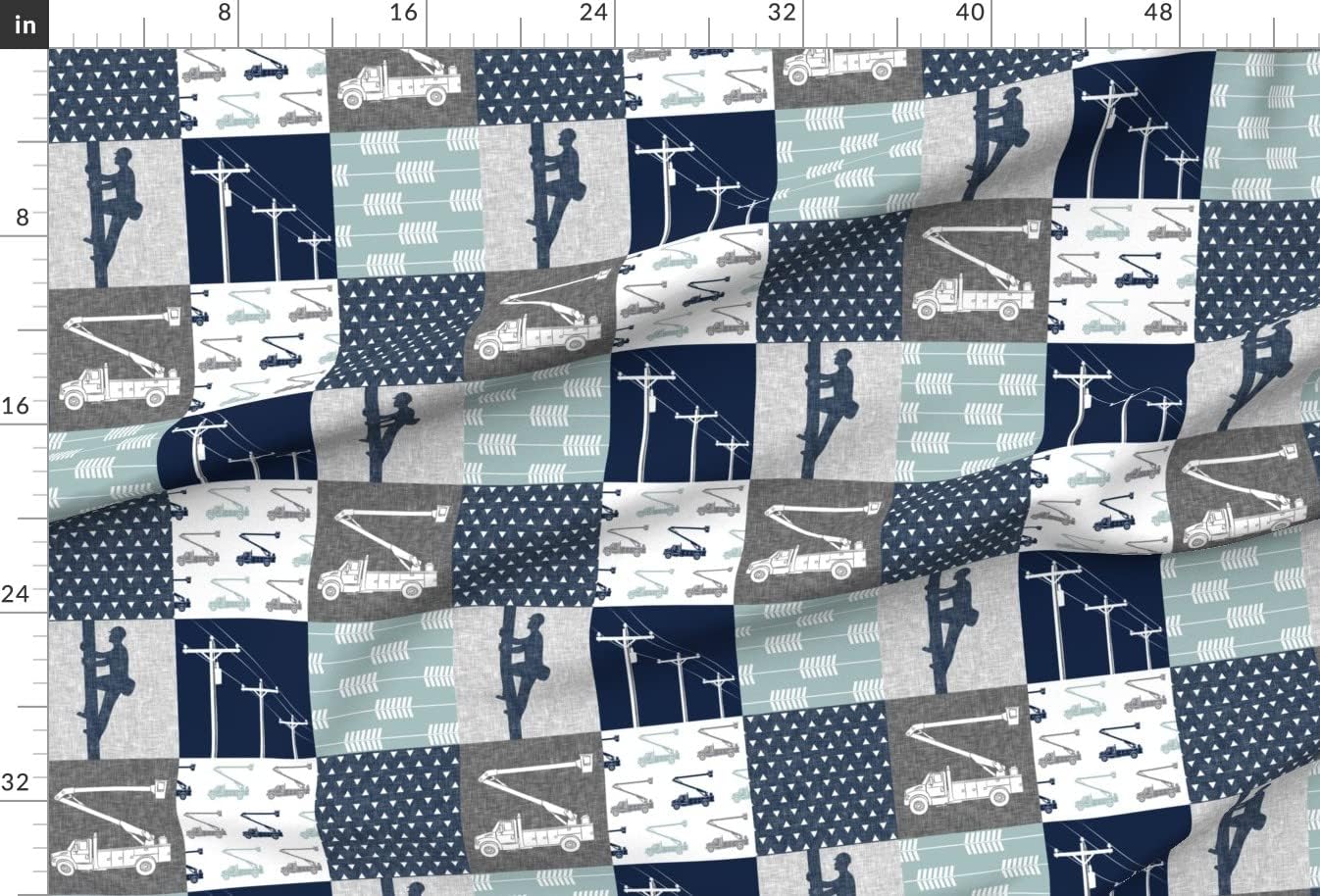 Spoonflower Fabric - Lineman Patchwork Navy & Grey Arrows Cheater Quilt Bucket Truck Boy Printed on Minky Fabric by The Yard - Sewing Baby Blankets Quilt Backing Plush