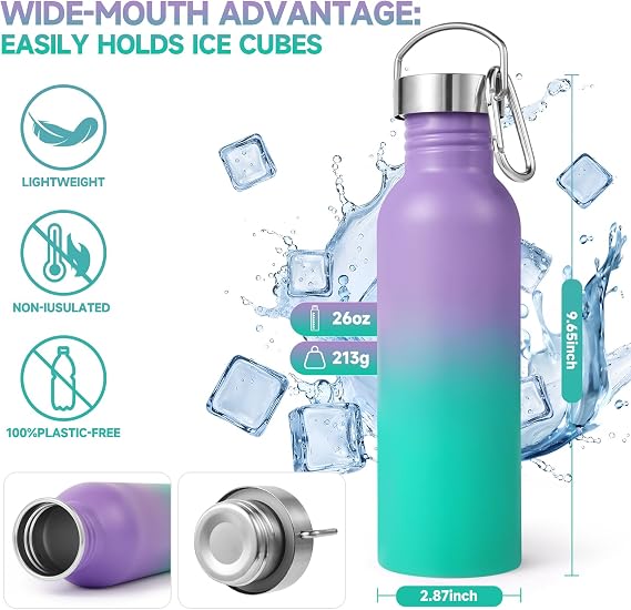 Volhoply 26oz Uninsulated Single Walled Water Bottle, Stainless Steel Reusable Water Bottles with Handle & Carabiner, BPA Free Wide Mouth Water Bottles for Gym Sports Camping(Purple Green,1)