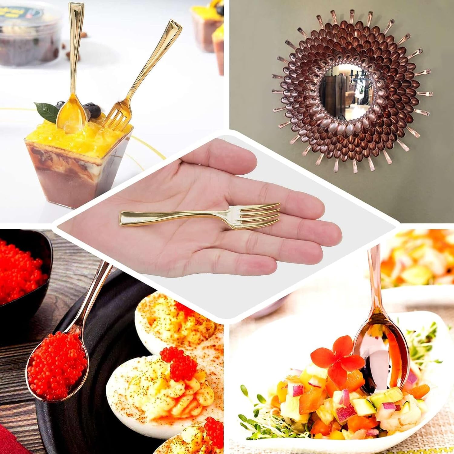 Efavormart 24 Pack 4" Mini Rose Gold Plastic Silverware Spoons, Small Disposable Dessert Tasting Spoons with Metallic Finish - Heavy Duty Tasting Cutlery