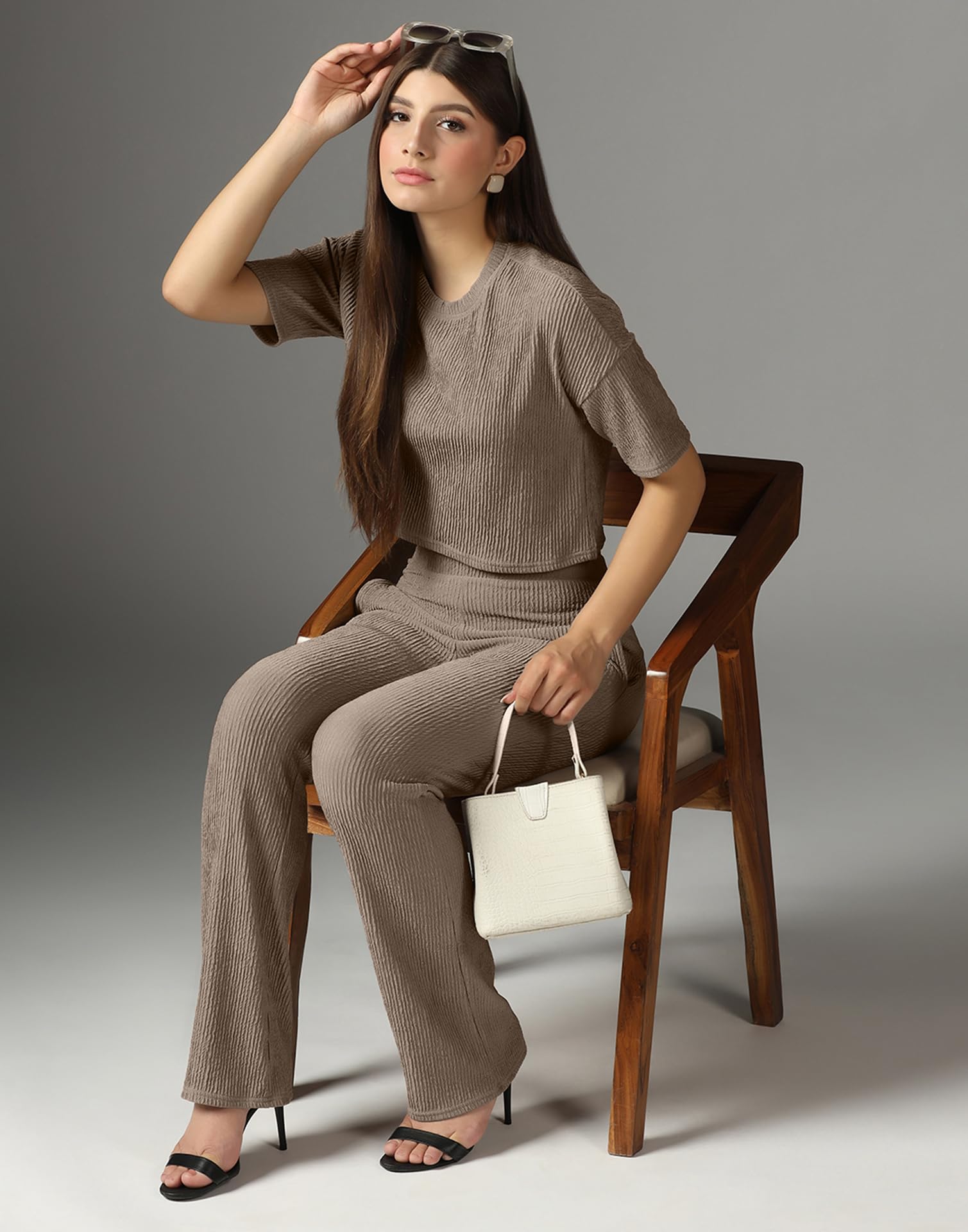 Selvia Conjunto de camisetas y pantalones para mujer, vestido de licra texturizado para mujer elegante