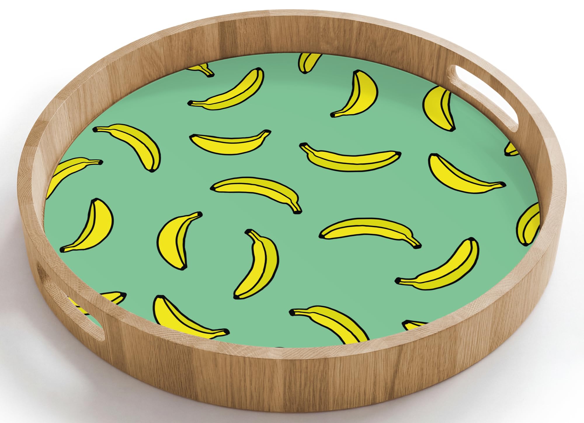 Bandeja Madera De Roble Redonda 40x40 cm Bandejas Desayuno para Servir Comida Cocina Resistente Al Calor Cafe Tray Tabuleiro Plátanos - Amarillo - Verde - Imprimir