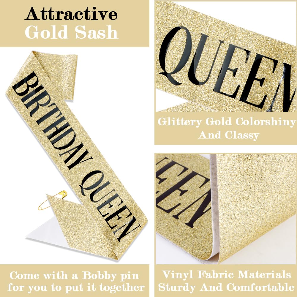 TOBATOBA Birthday Queen Sash and Crown for Women - Gold Rhinestone Tiara and Sash Set for Birthday Decorations Outfits for Women - Image 3