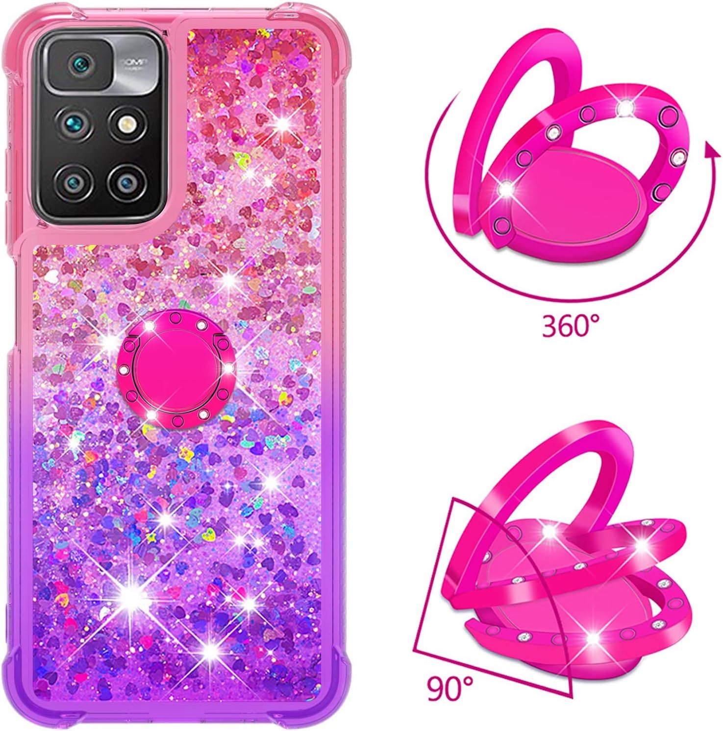 CCSmall Case for Xiaomi Redmi 10 with Magnetic Ring Kickstand, Gradient Quicksand Glitter Flowing Liquid Floating Women Girls Cute Phone Case Clear TPU Cover for Xiaomi Redmi 10 JB Pink Mauve - Image 2