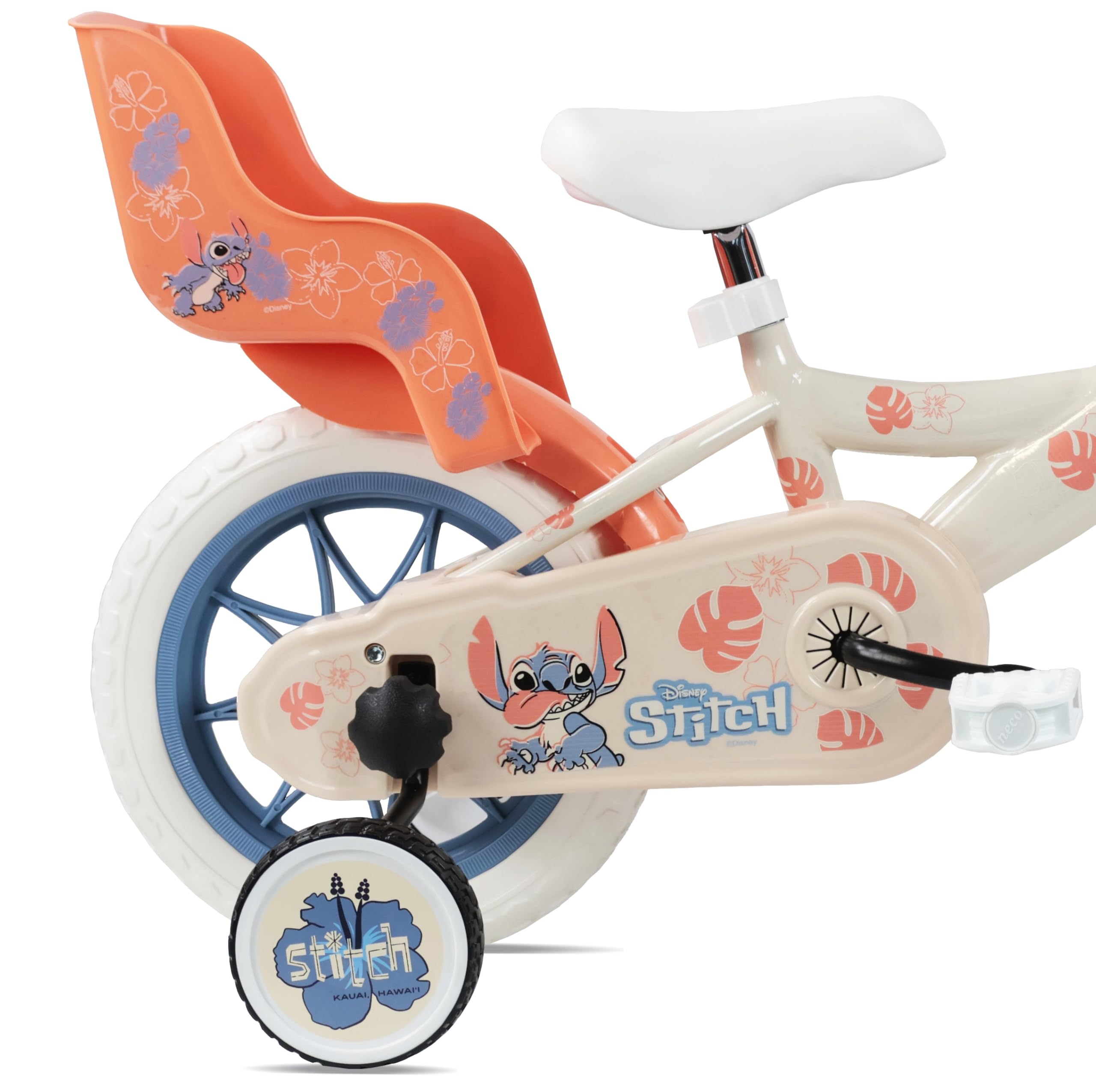 Vélo Enfant 12' Stitch équipé de 1 Frein, Panier Avant, Porte poupée arrière, Garde boues, Carter et stabilisateurs Amovibles