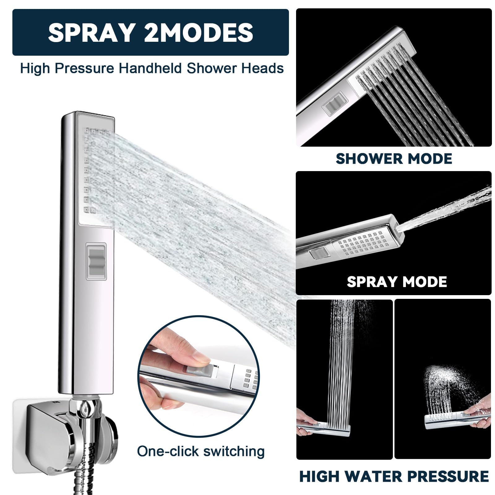 Combo de cabezal de ducha, cabezal de ducha fijo de lluvia de 8 pulgadas y ducha de mano de alta presión, brazo de extensión de 11 pulgadas y manguera de 60 pulgadas, 1 soporte, fácil de instalar