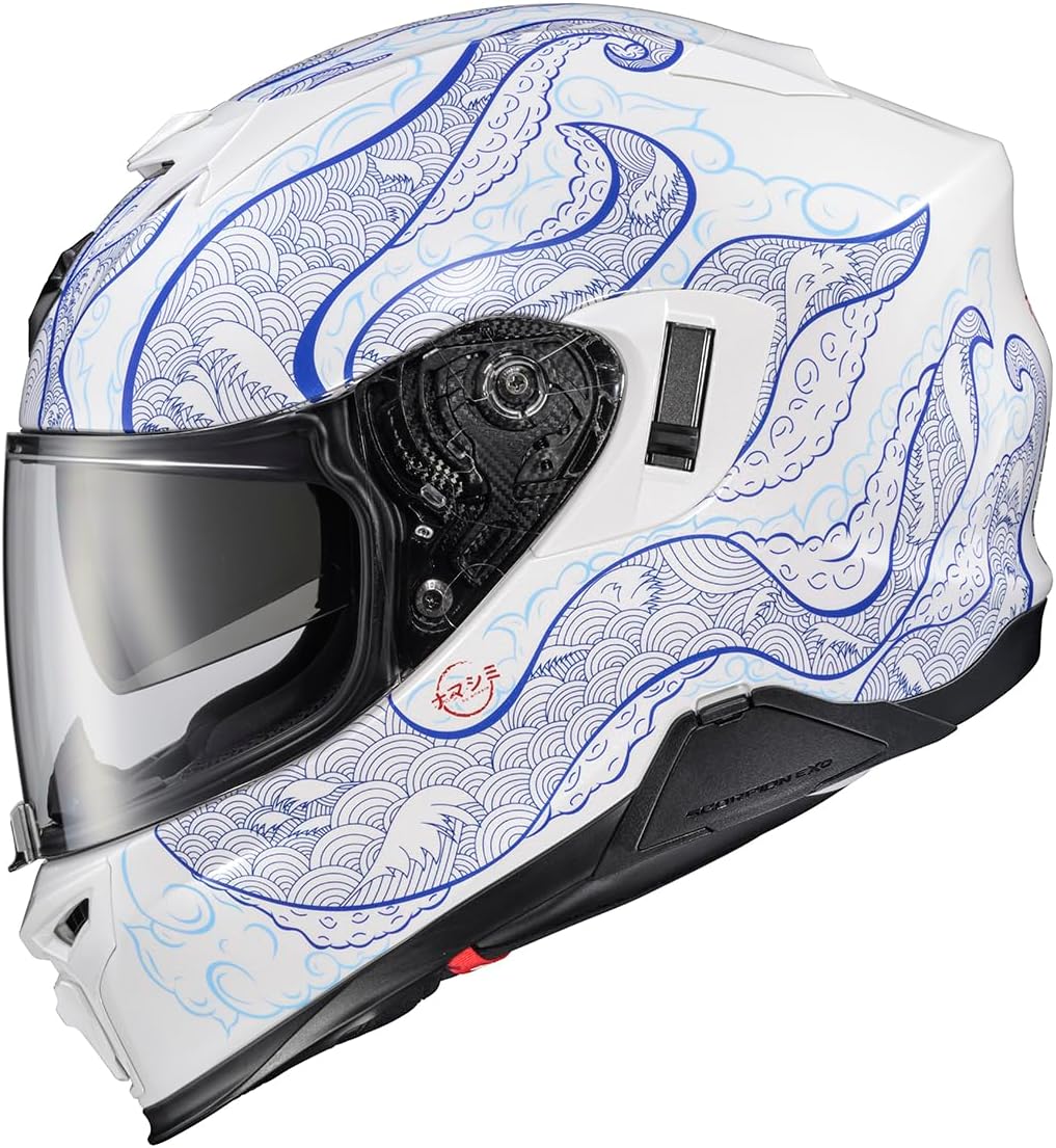 ScorpionEXO T520 Full Face Touring Motorcycle Helmet with Bluetooth Ready Speaker Pockets DOT ECE Approved Nama-Shimi (White/Blue - Medium)
