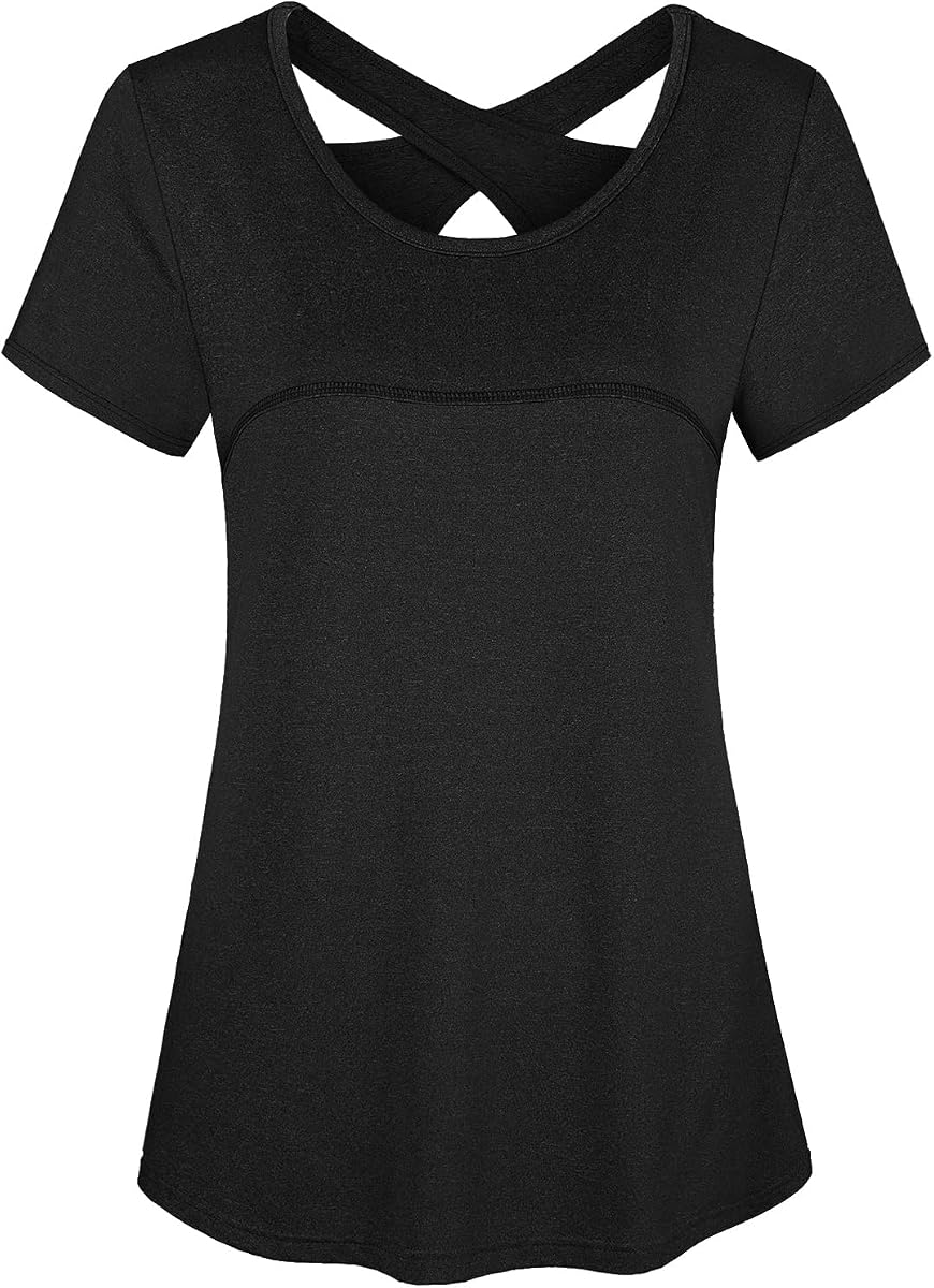 Woman Short Sleeve Round Neck Criss Cross Back Yoga Shirt