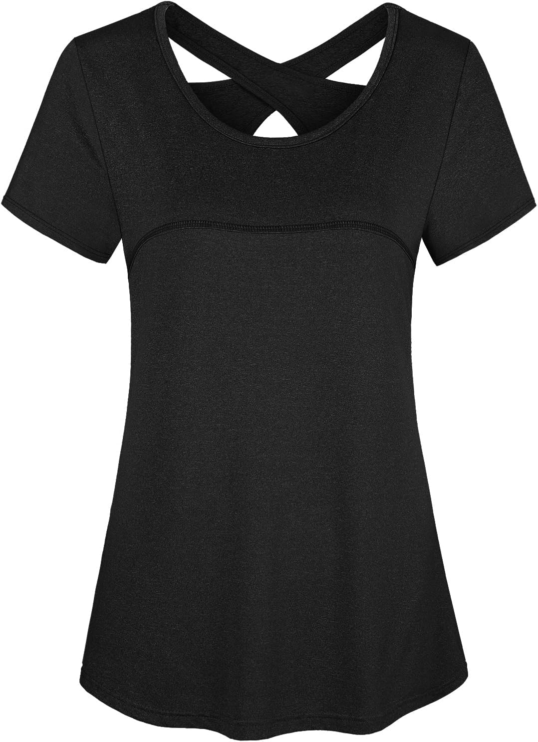 Woman Short Sleeve Round Neck Criss Cross Back Yoga Shirt
