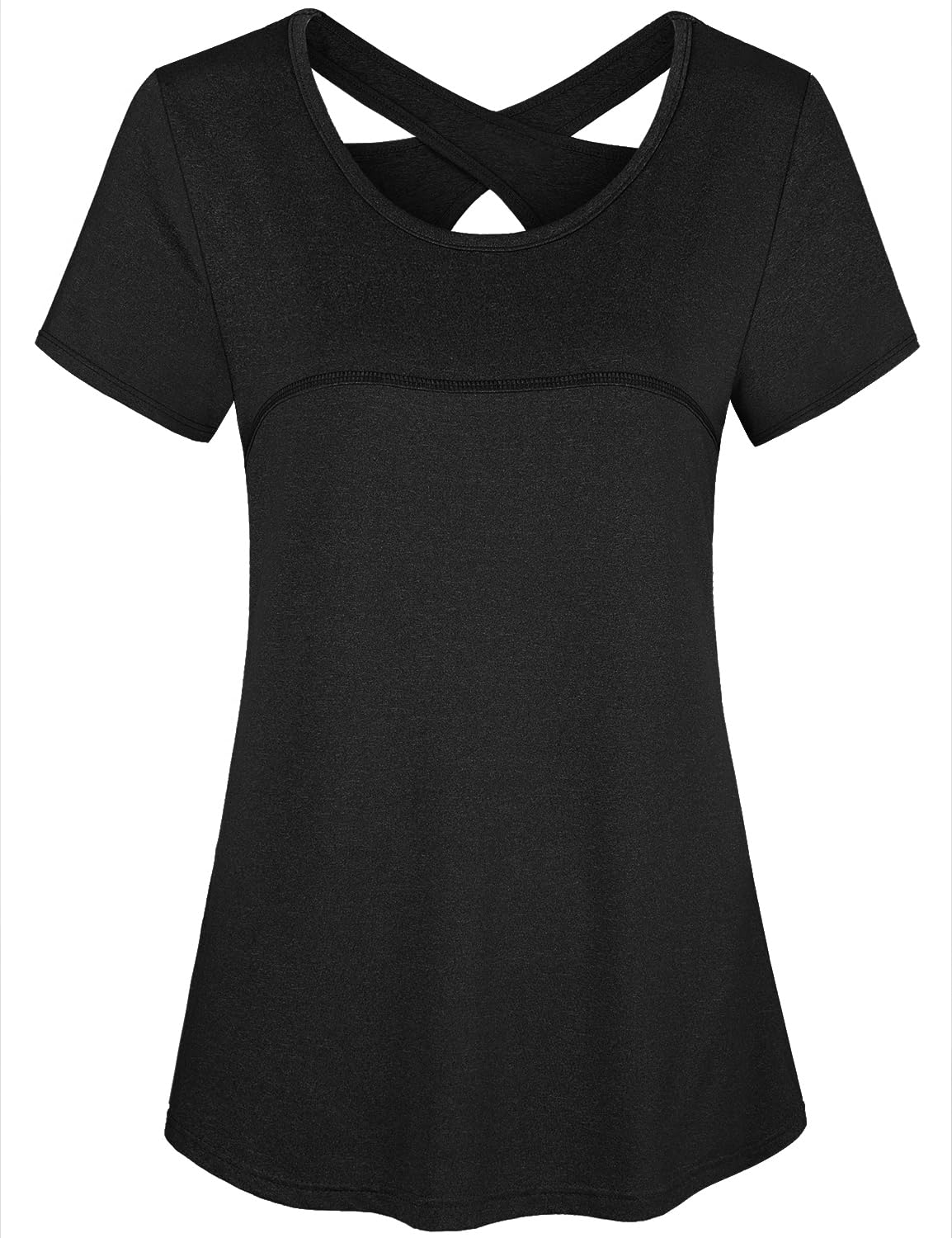 Woman Short Sleeve Round Neck Criss Cross Back Yoga Shirt