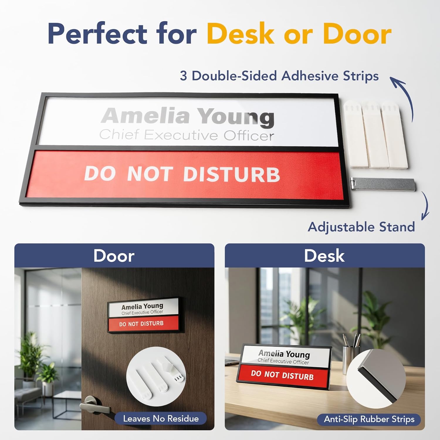 Office Door Signs & Name Plate With 6 Status Options, Do Not Disturb, In A Meeting, Out Of Office, Working Remotely, Please Knock, Back Soon for Desks Or Doors, Pull-Out Replaceable Inserts, Matte Black - Image 4