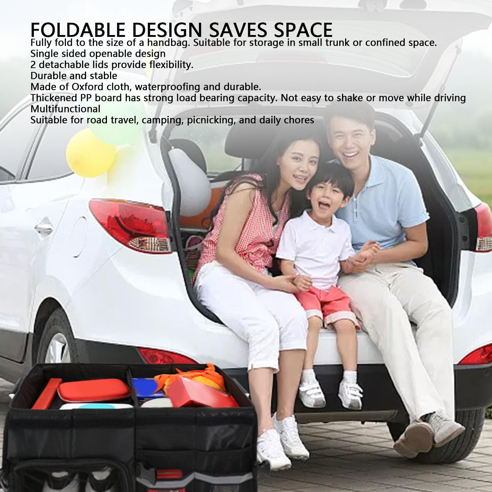 Asixxsix Organizer per Bagagliaio per Auto, Portaoggetti Pieghevole Pieghevole da 55 Litri con Coperchio in Tessuto Oxford Impermeabile e Fondo Antiscivolo, (Senza scomparto per scarpe Nero grande