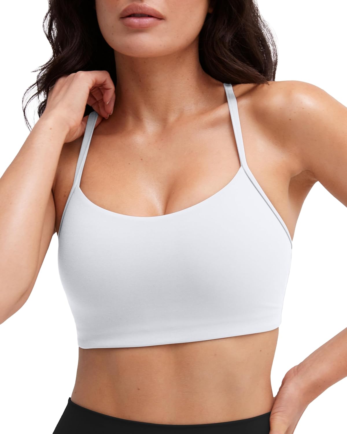 PAVOI ACTIVE Yoga Racerback Bras for Women – Buttery Soft Low Support Scoop Neck Y-Back Thin Strap Sports Bra – FlexFlow, Medium, White, A-C Cups