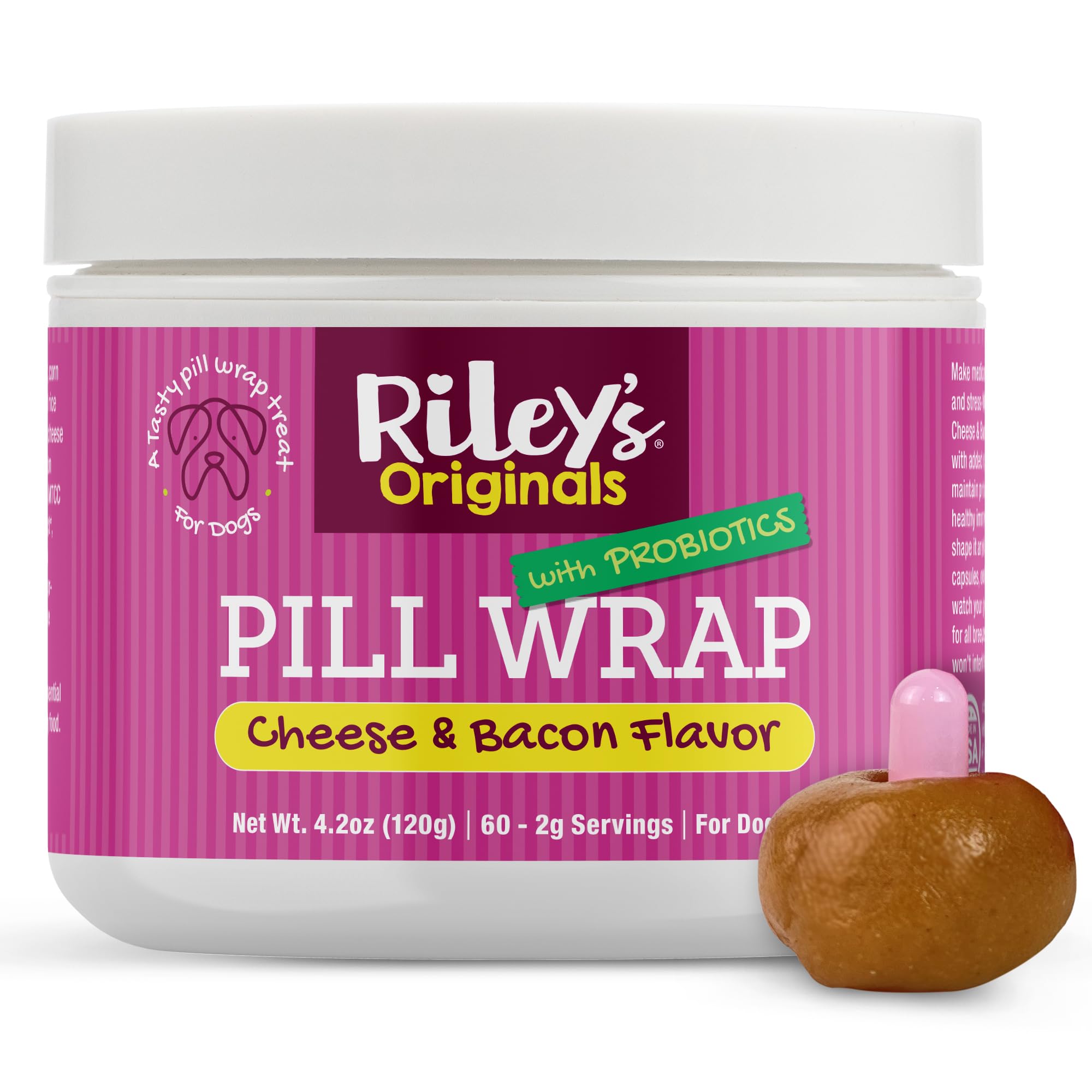 Riley's Pill Wrap for Dogs with Probiotics - Delicious Cheese & Bacon Flavored Pill Paste for Dogs - Wrap Pills, Capsules, Tablets in a Pocket or