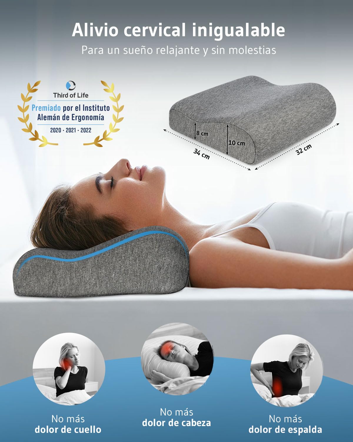 Almohada de viaje ONDA, almohada cervical espuma de memoria, cojín ergonómico contra el dolor de cuello, almohada viscoelástica antiácaros. Cojín pequeño para avión, coche, tren y camping