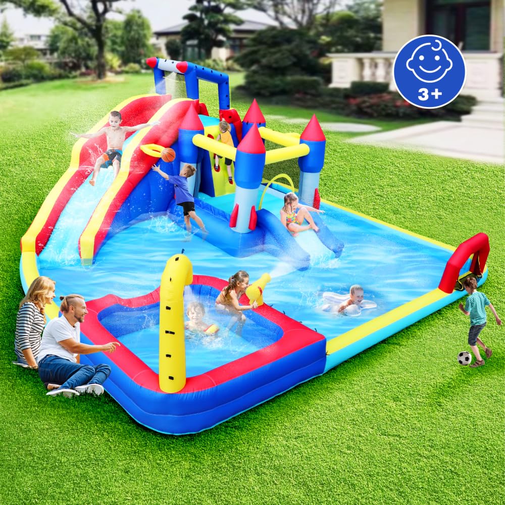 10-in-1 Inflatable Water Park Combo - Giant Slide, Bounce House with Splash Pool, Water Guns & Climbing Wall, Dual Pools,Soccer for Backyard