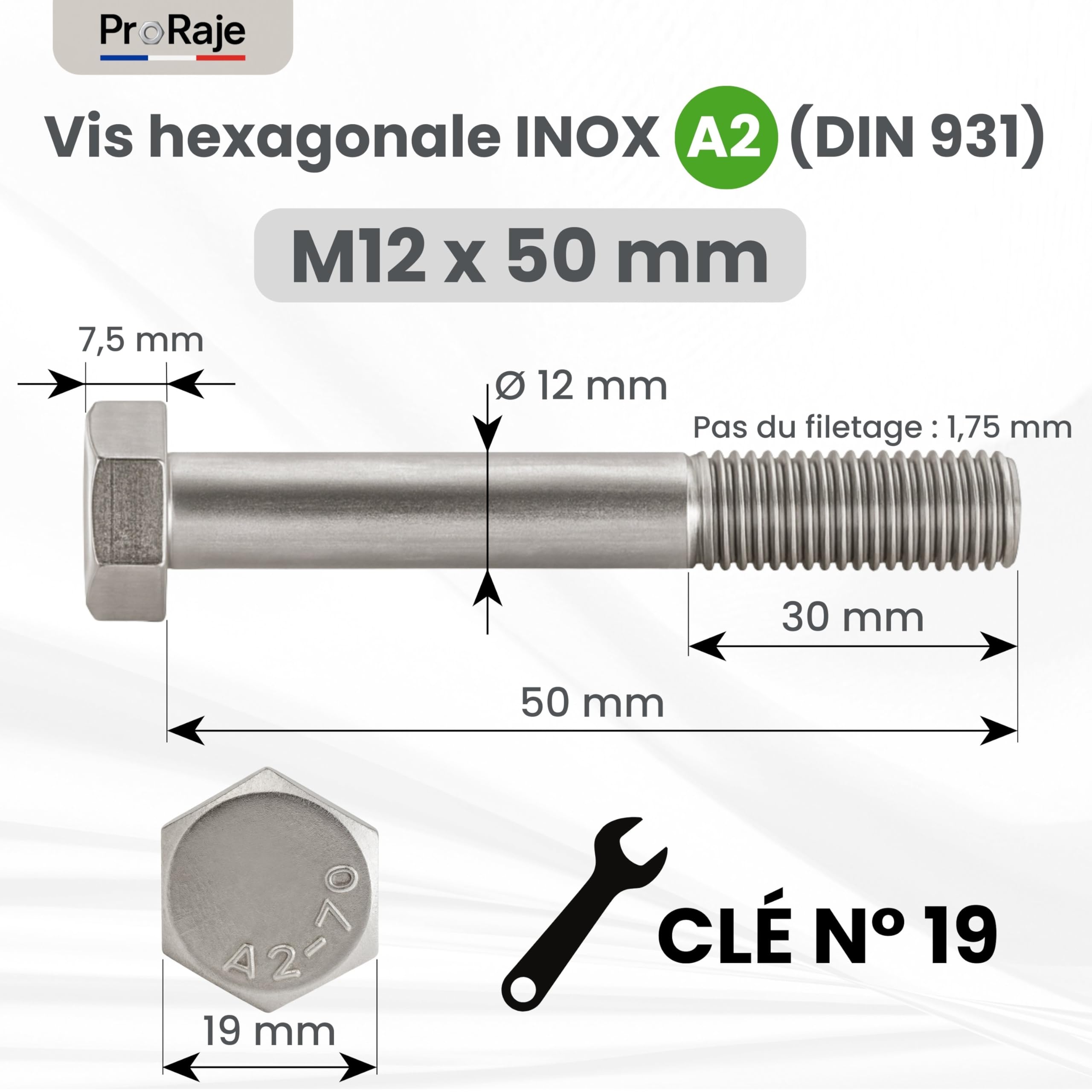 Viti in acciaio inox M12 x 50 mm, filettatura parziale (30 mm), testa esagonale (M12 x 50), acciaio inossidabile A2 (304), vite a testa H (TH) DIN 931: set di 50 pezzi
