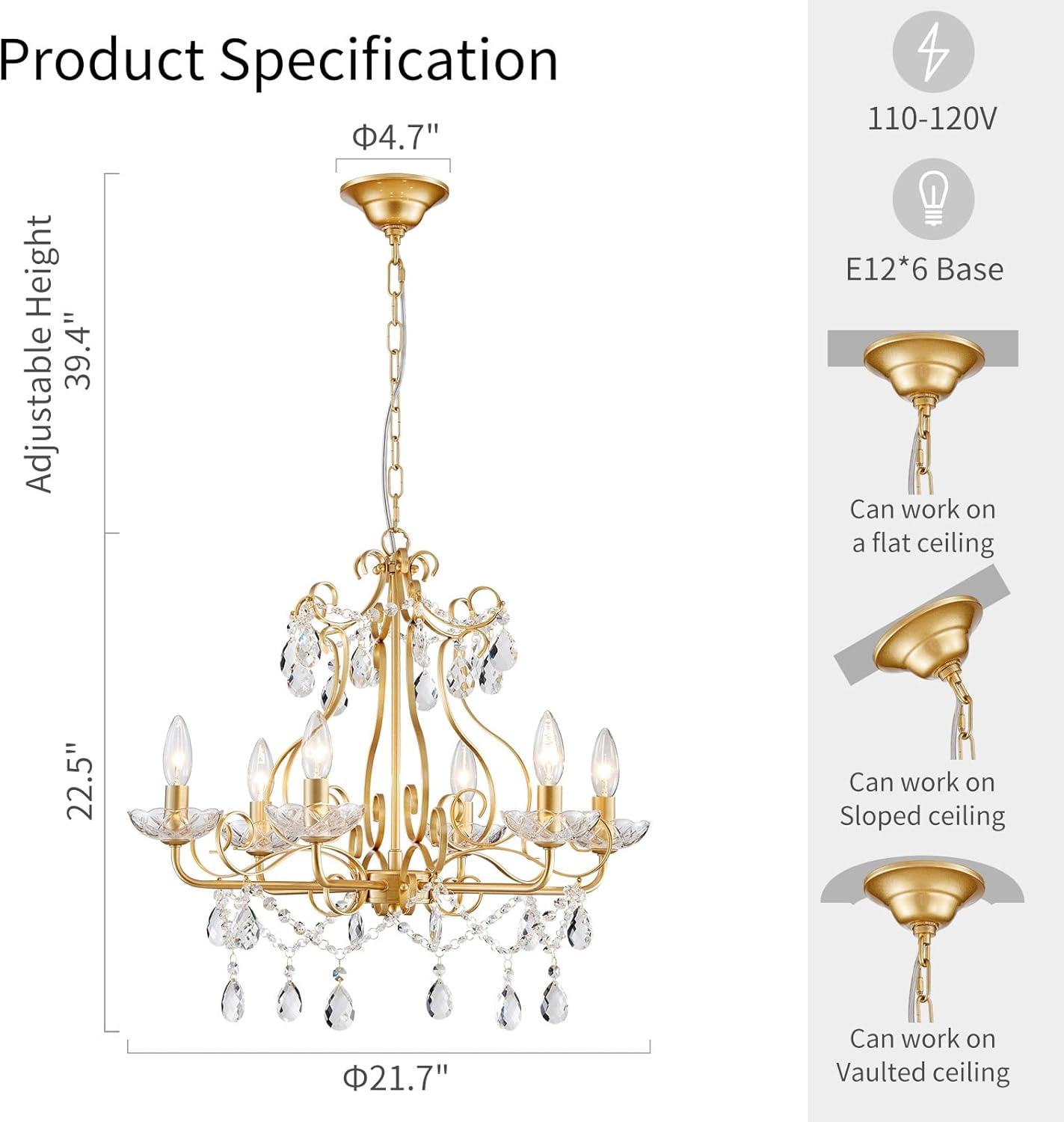 WUZUPS Crystal Candle Chandelier Pendant Flushmount Ceiling Light Modern Lighting Fixture for Bedroom Hallway Bar Kitchen Bathroom, H 22.5" x W 21.7", Gold, E12 Base