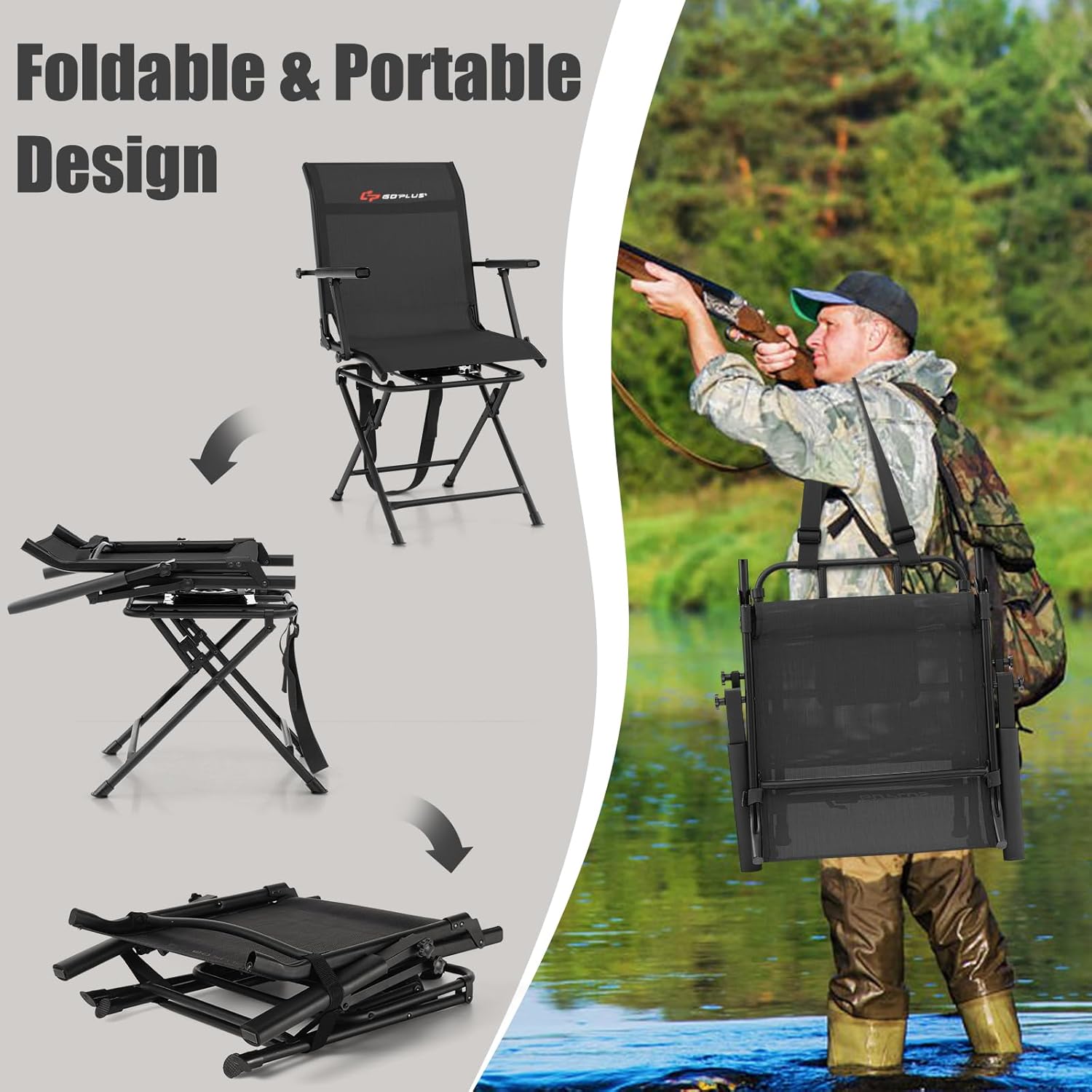 Goplus Hunting Chair, 360° Swivel Folding Hunting Blind Chair with Carrying Strap, 330LBS Capacity, Portable Deer Hunting Stool, Silent Ground Dove Hunting Chair, No Assembly