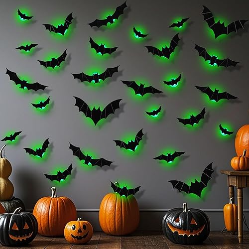 Miniatura 6 de DR.DUDU Paquete de 36 decoraciones de Halloween de murciélagos, calcomanías de pared de murciélagos iluminados con LED verde, calcomanías 3D