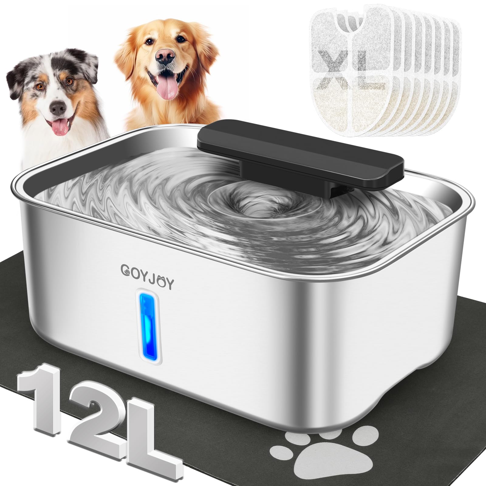 Dog Water Fountain for Large Dogs,3 Gallon Stainless Steel Dog Water Bowl Fountain,Large Pet Water Drinking Fountain with Deeper Drinking Area,Swirling Filtration Design with Fresher & Cleaner Water