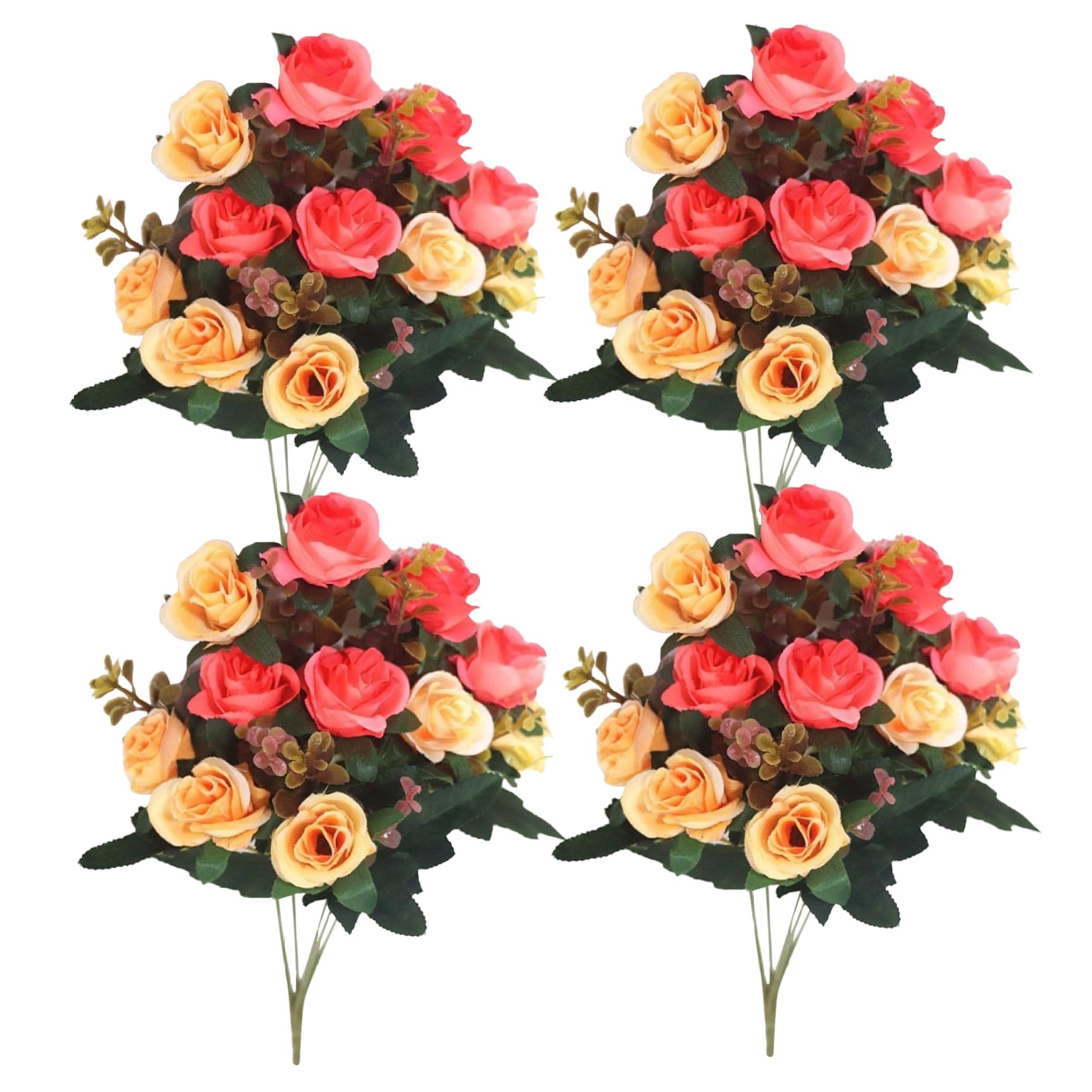 Wedhapy Orange Cemetery Flowers For Grave, 4 Bunch Silk & Plastic Artificial Roses, 11.8'' X 7.87'' Classic Style, 4 Count, Outdoor, Waterproof, Straight Shape, Roses