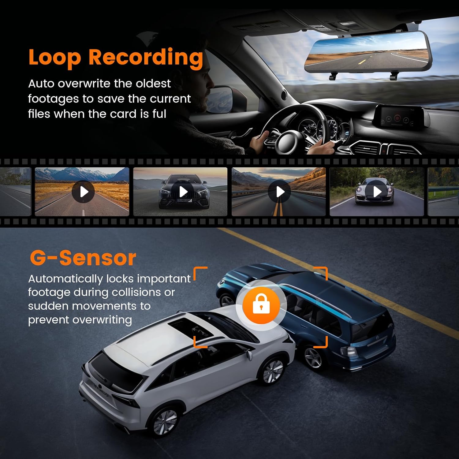 4K Mirror Dash Cam Front and Rear, 10'' Touch Screen Rear Digital View 1080P Rear Mirror Camera for Cars, 170° Night Vision, WDR, 24H Parking Monitoring/Rerverse Assist/Voice Control/G Sensor