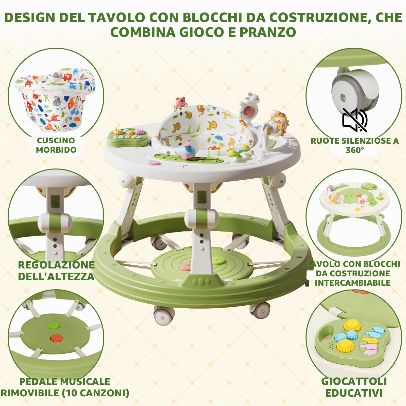 5 in 1 Girello Bambino,Pedaliera Musicale Giocattolo,Si Trasforma in un Tavolo per Costruzioni,Regolabile in Altezza e Pieghevole,Adatto a Bambini dai 6 Mesi in su che Stanno Imparando a Camminare