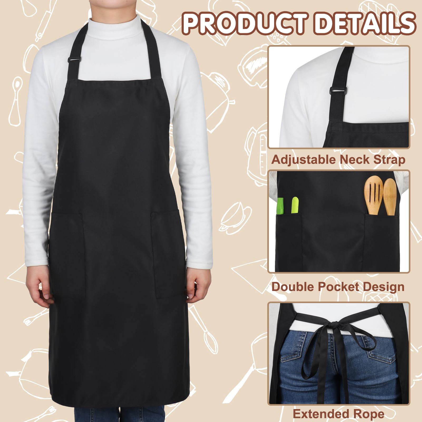 XLSXEXCL 2 Pack Chef Apron and Hat, Adjustable High Cooking Apron Waterproof Kitchen Baking Apron with Two Pockets and Elastic Chef's Hat Set for Women Men Father's Mother's Christmas Gift(Black)