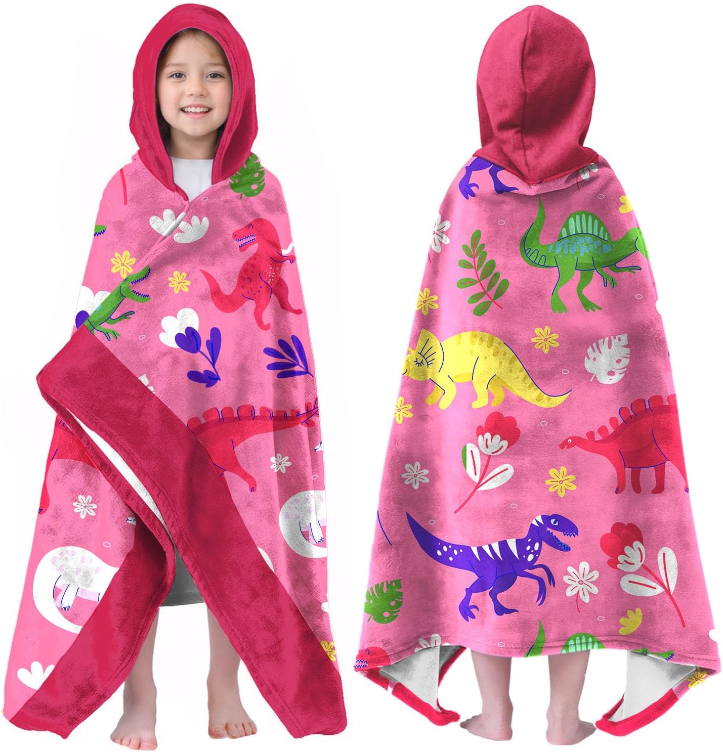 Dinosaur Girls Beach Towel with Hoodie for Kids Toddlers Age 4-8, Pink Bath Towels Shower Wrap for Girls, Hooded Poncho Beach Blanket for Pool Swimming Cute Wearable Bath Towel for Child