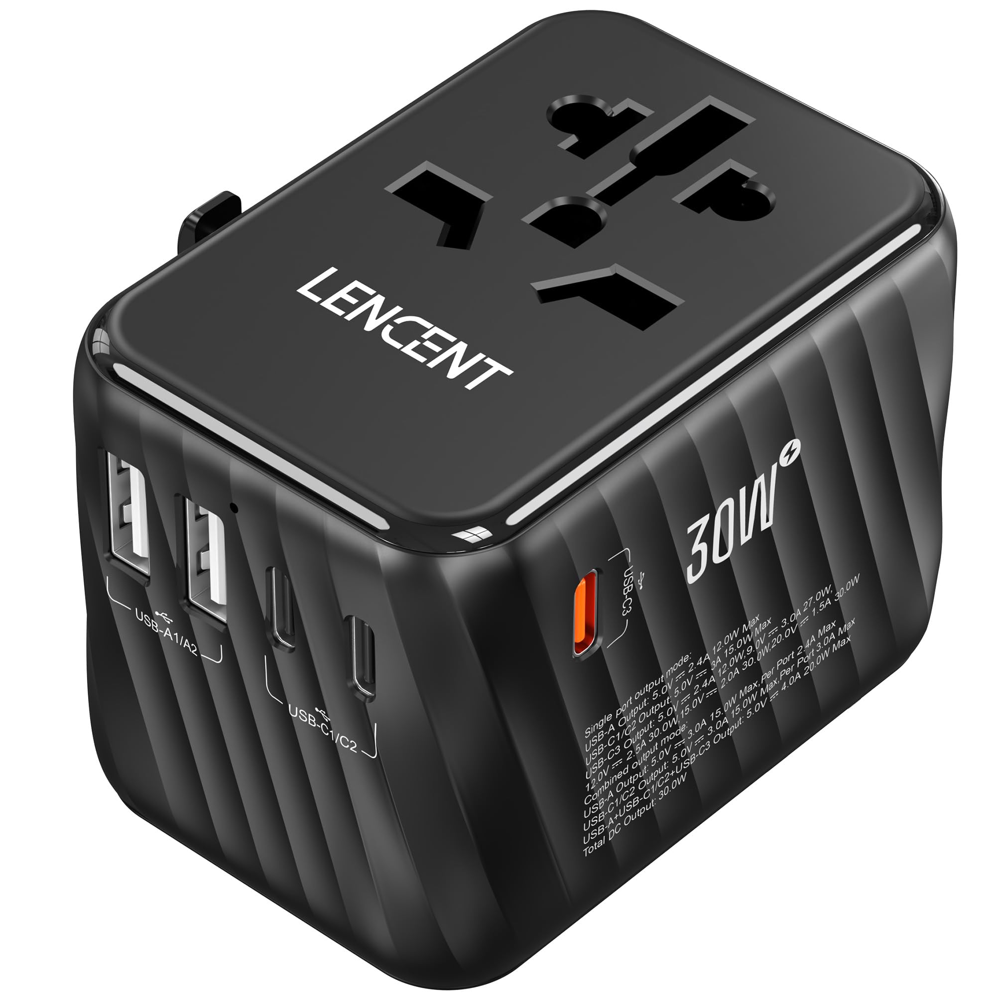 LENCENT Adaptador Enchufe Universal 30W, Cargador Internacional | con 3 USB-C+2 USB-A Carga Rápida, Adaptador Enchufe Europeo para Móvil, Tableta, Portátil, EU/USA/UK/AU, Negro